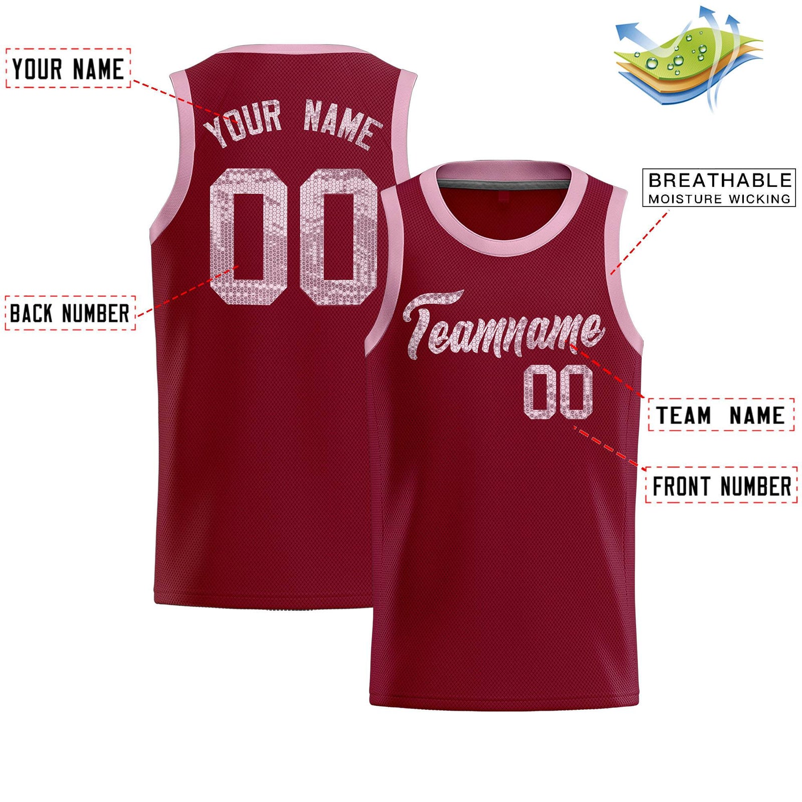 Custom Crimson Sequined Tops Athletic Basketball Jersey