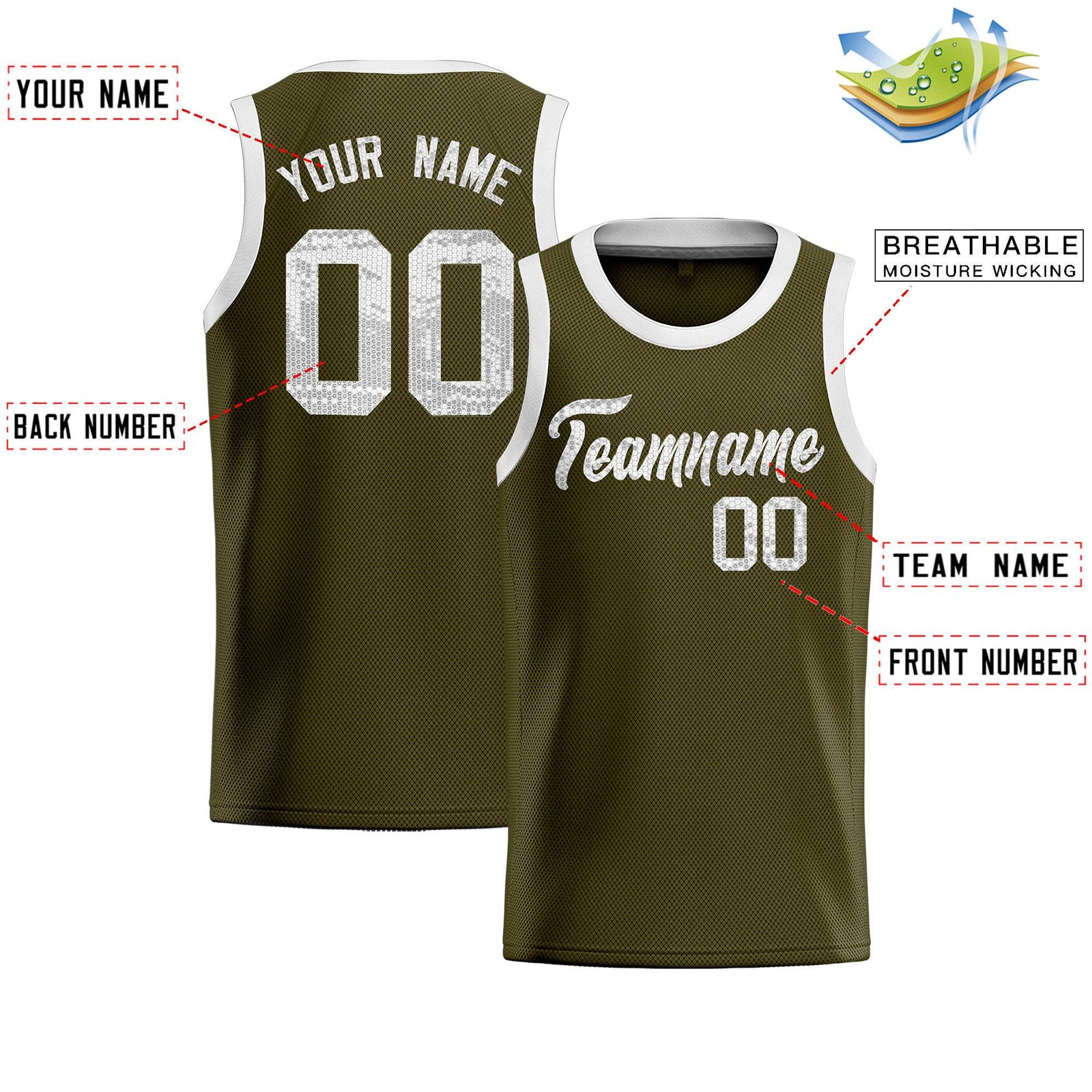 Custom Olive Sequined Tops Athletic Basketball Jersey