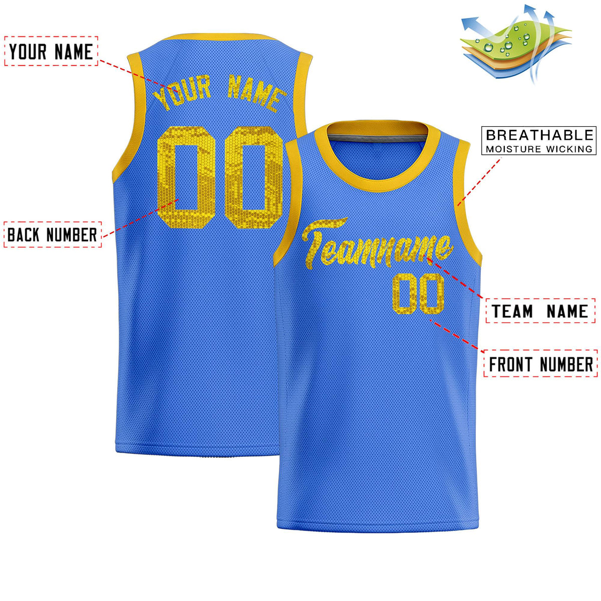Custom Powder Blue Sequined Tops Athletic Basketball Jersey