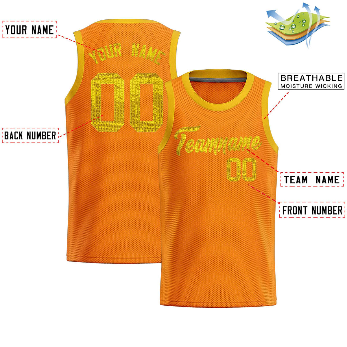 Custom Orange Sequined Tops Athletic Basketball Jersey
