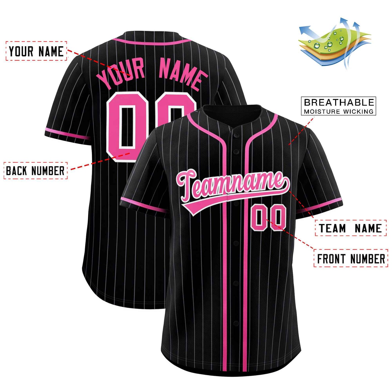 Custom Black Pink Pinstripe Authentic Baseball Jersey| KXKSHOP