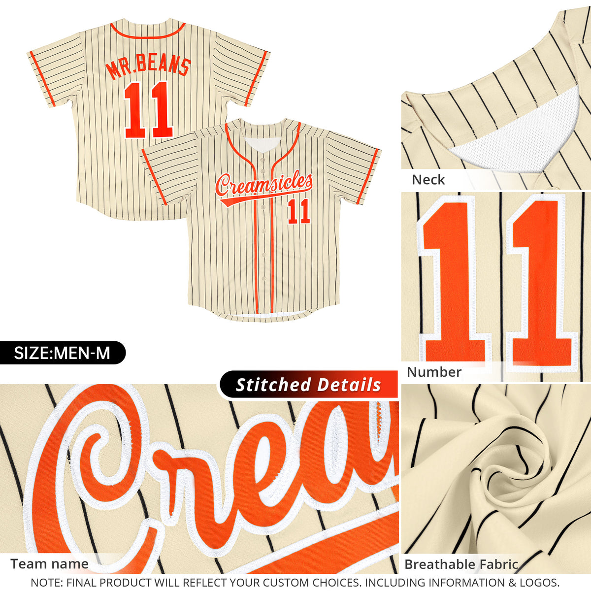 Custom Cream Orange-Black Stripe Fashion Design Full Button Authentic Baseball Jersey