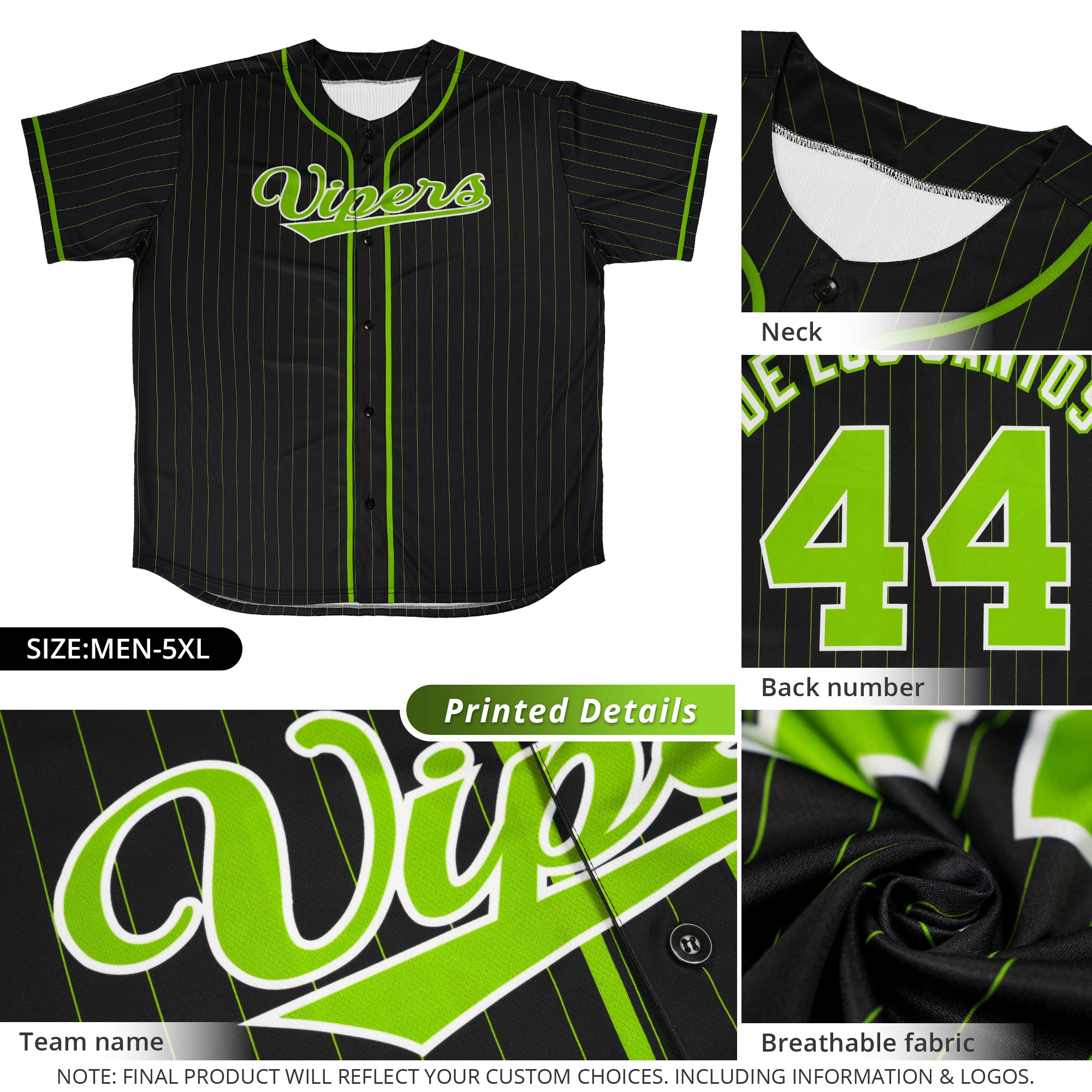 Custom Black Neon Green Stripe Fashion Design Full Button Authentic Baseball Jersey