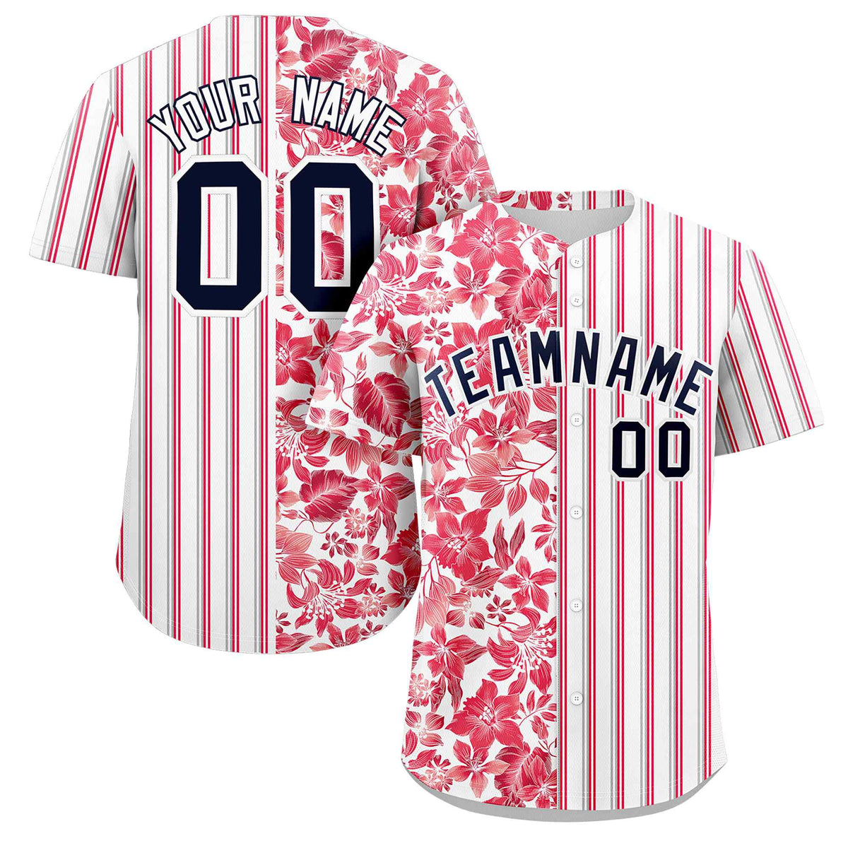 Custom White Red-Gray Hawaii Tropical Flower Stripe Fashion Baseball Jersey