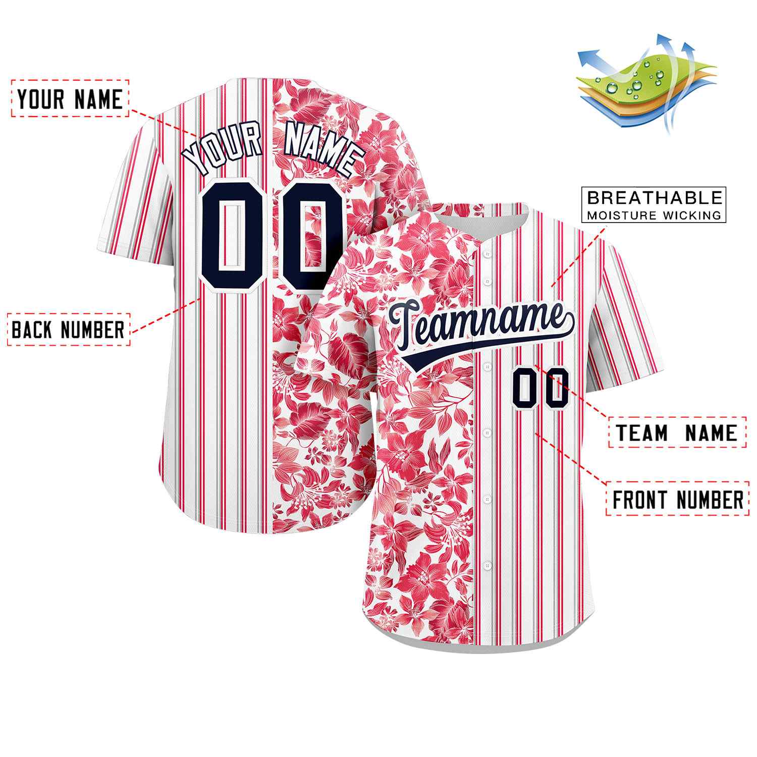Custom White Red-Gray Hawaii Tropical Flower Stripe Fashion Baseball Jersey