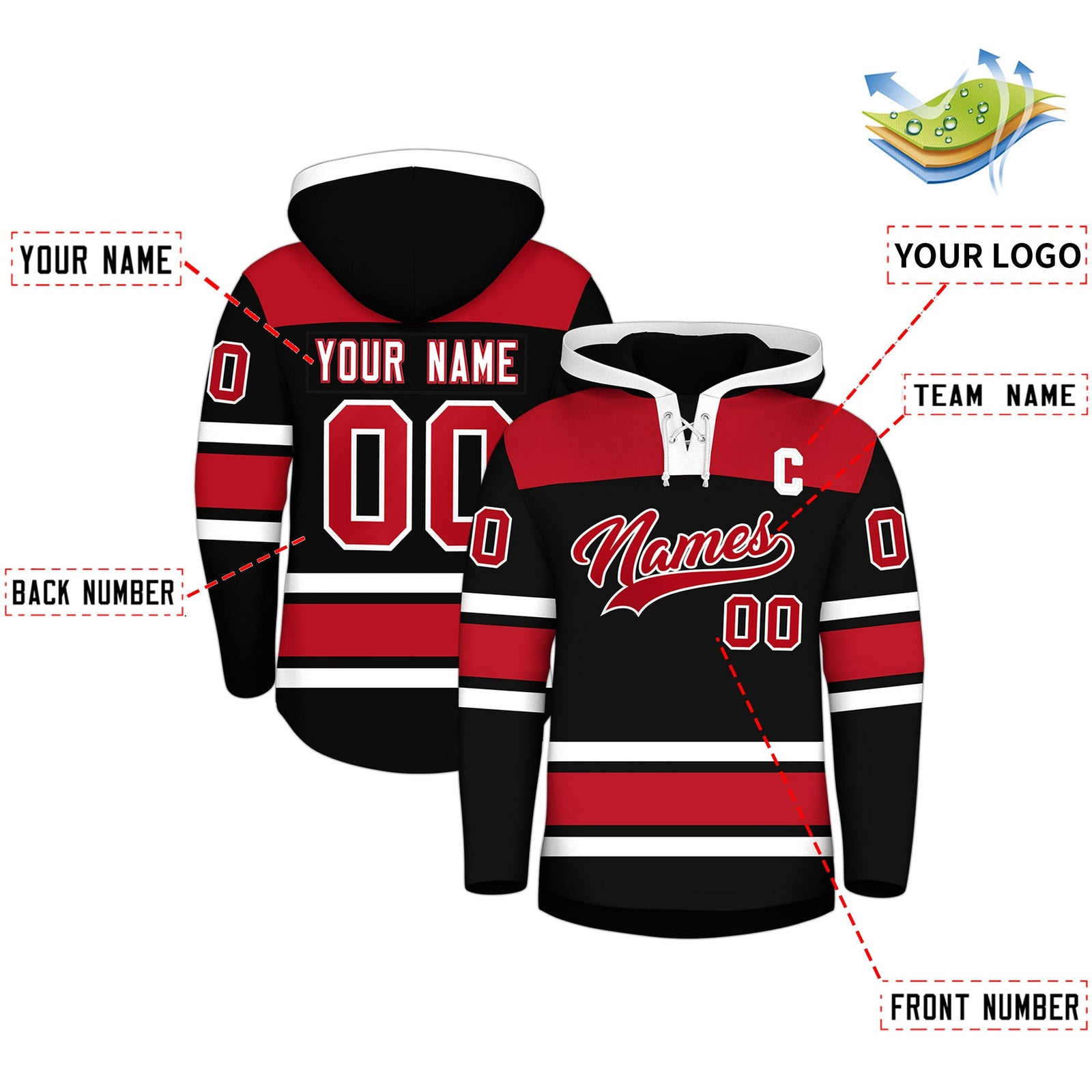 Custom Hockey Hoodie Jersey Black Red Raglan Sleeves Lace-Up Neck Personalized Jersey for Men & Youth