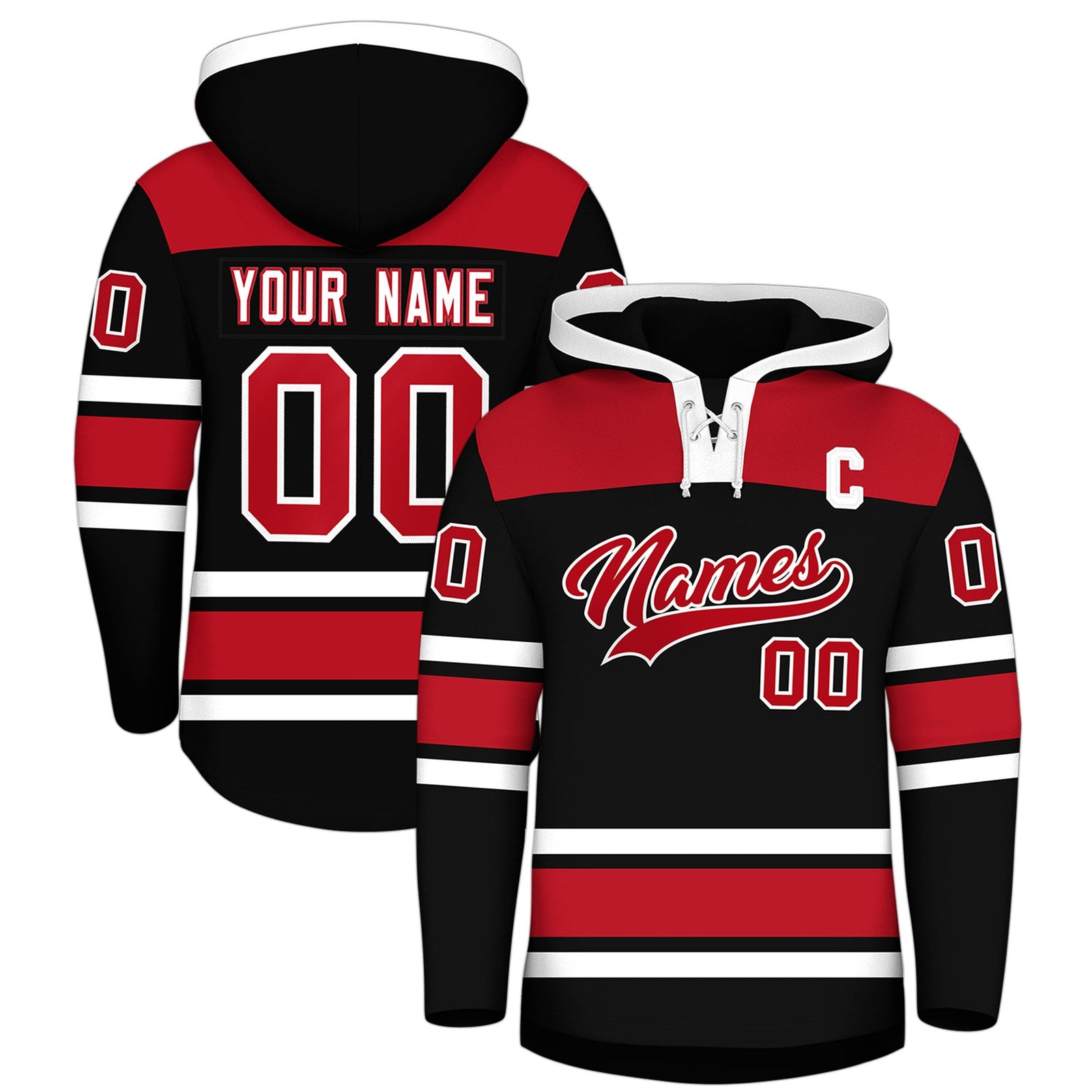 Custom Hockey Hoodie Jersey Black Red Raglan Sleeves Lace-Up Neck Personalized Jersey for Men & Youth