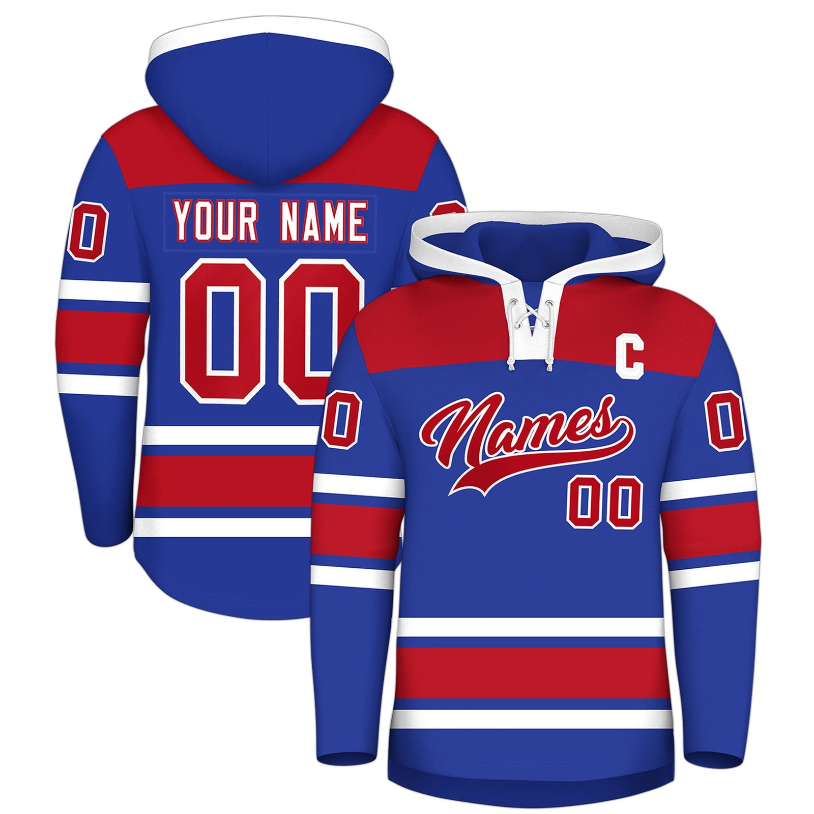 Custom Hockey Hoodie Jersey Royal Blue Red Raglan Sleeves Lace-Up Neck Personal Name & Number & Logo