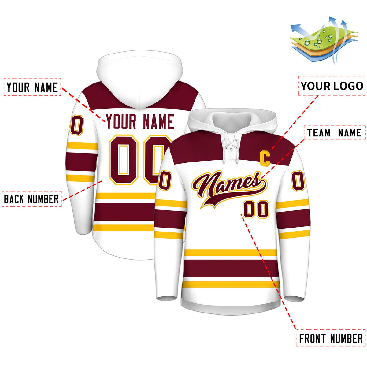 Custom Hockey Hoodie Jersey White Crimson Raglan Sleeves Lace-Up Neck Personalized Jersey for Men &amp; Youth