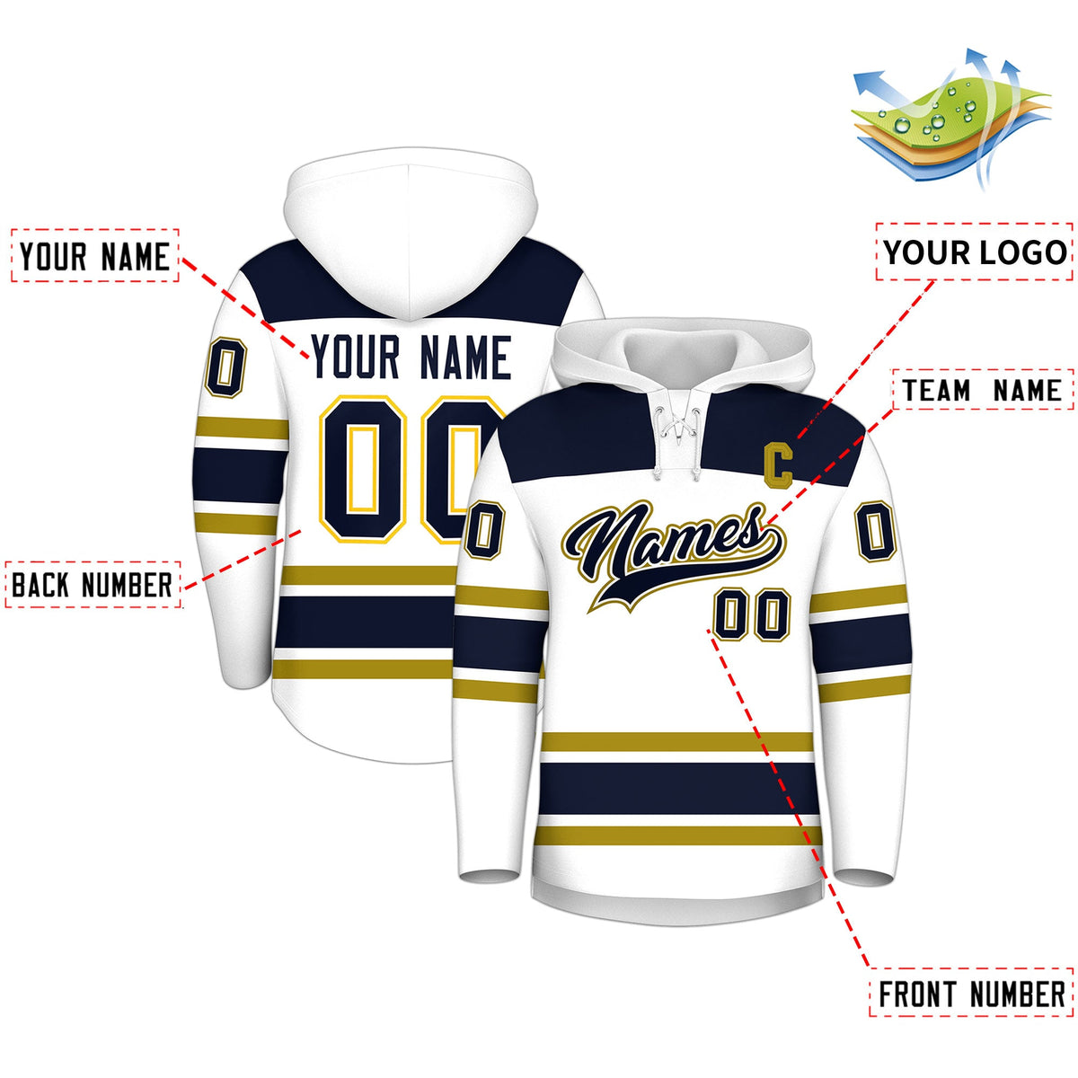 Custom Hockey Hoodie Jersey White Navy Raglan Sleeves Lace-Up Neck Personal Name &amp; Number &amp; Logo