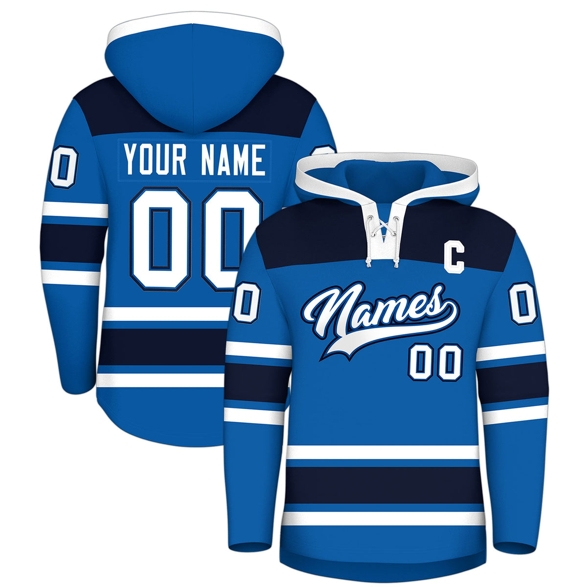 Custom Hockey Hoodie Jersey Royal Navy Raglan Sleeves Lace-Up Neck Personal Name &amp; Number &amp; Logo