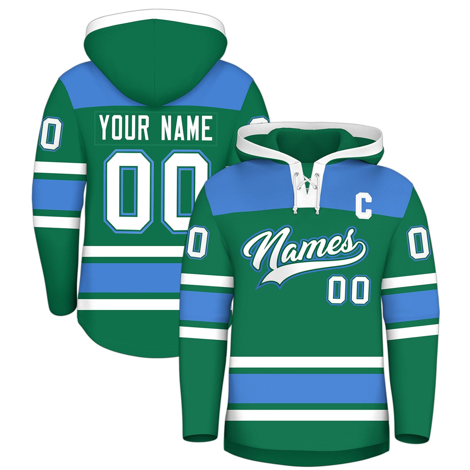 Custom Hockey Hoodie Jersey Kelly Green Powder Blue Raglan Sleeves Lace-Up Neck Classic Team Colors Hoodie