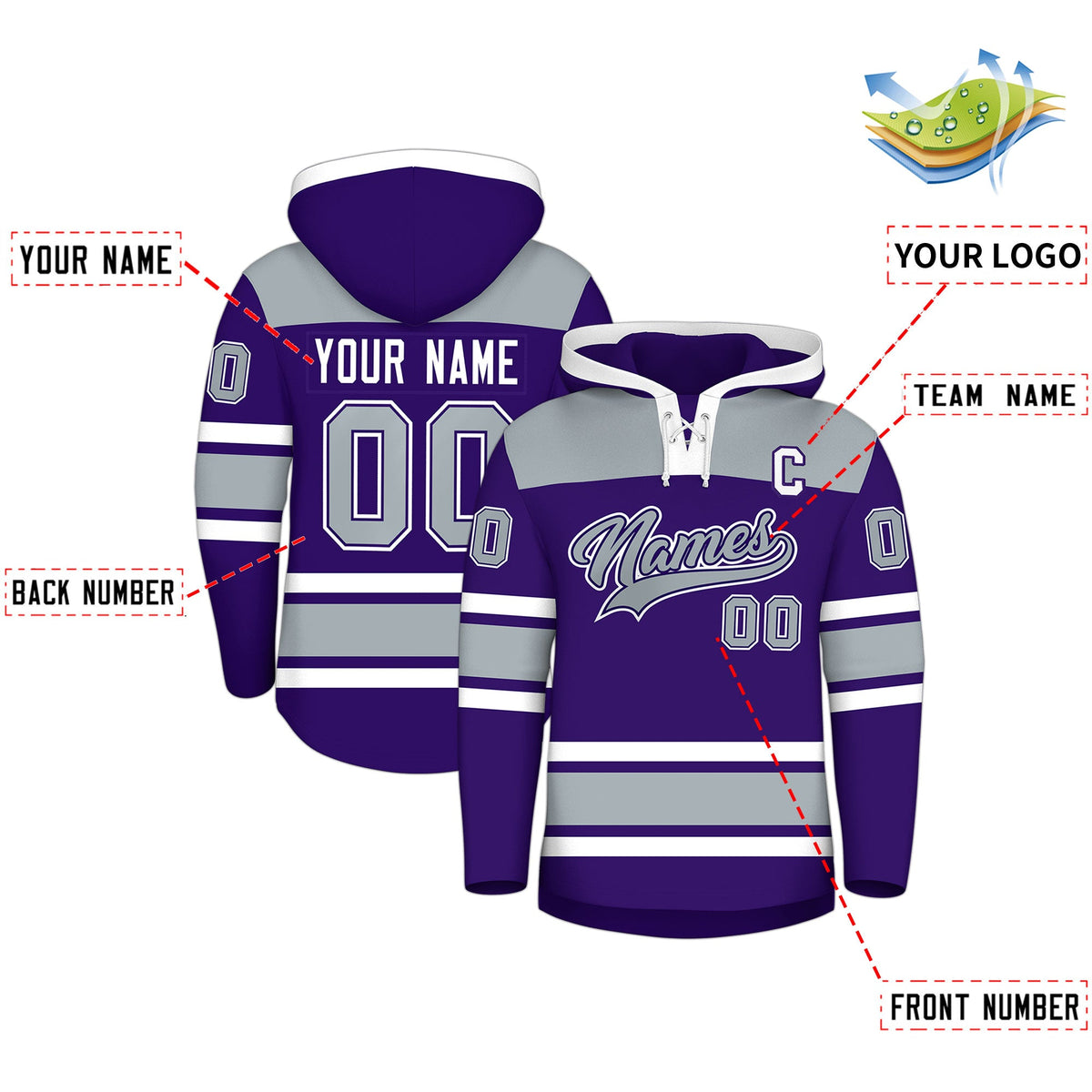 Custom Hockey Hoodie Jersey Purple Silver Raglan Sleeves Lace-Up Neck Personal Name &amp; Number &amp; Logo