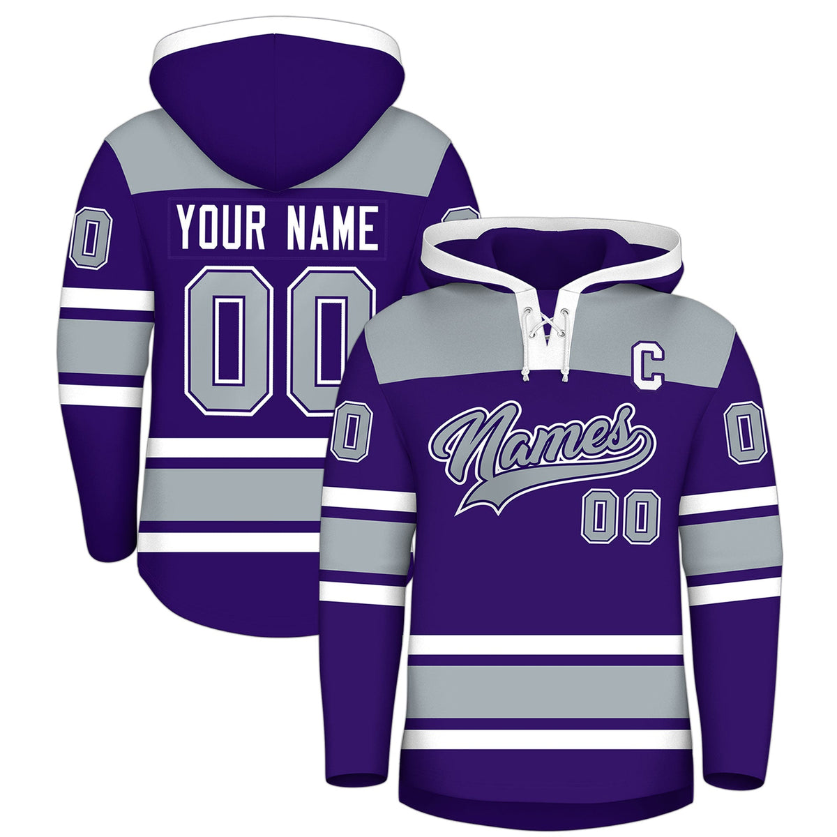 Custom Hockey Hoodie Jersey Purple Silver Raglan Sleeves Lace-Up Neck Personal Name &amp; Number &amp; Logo