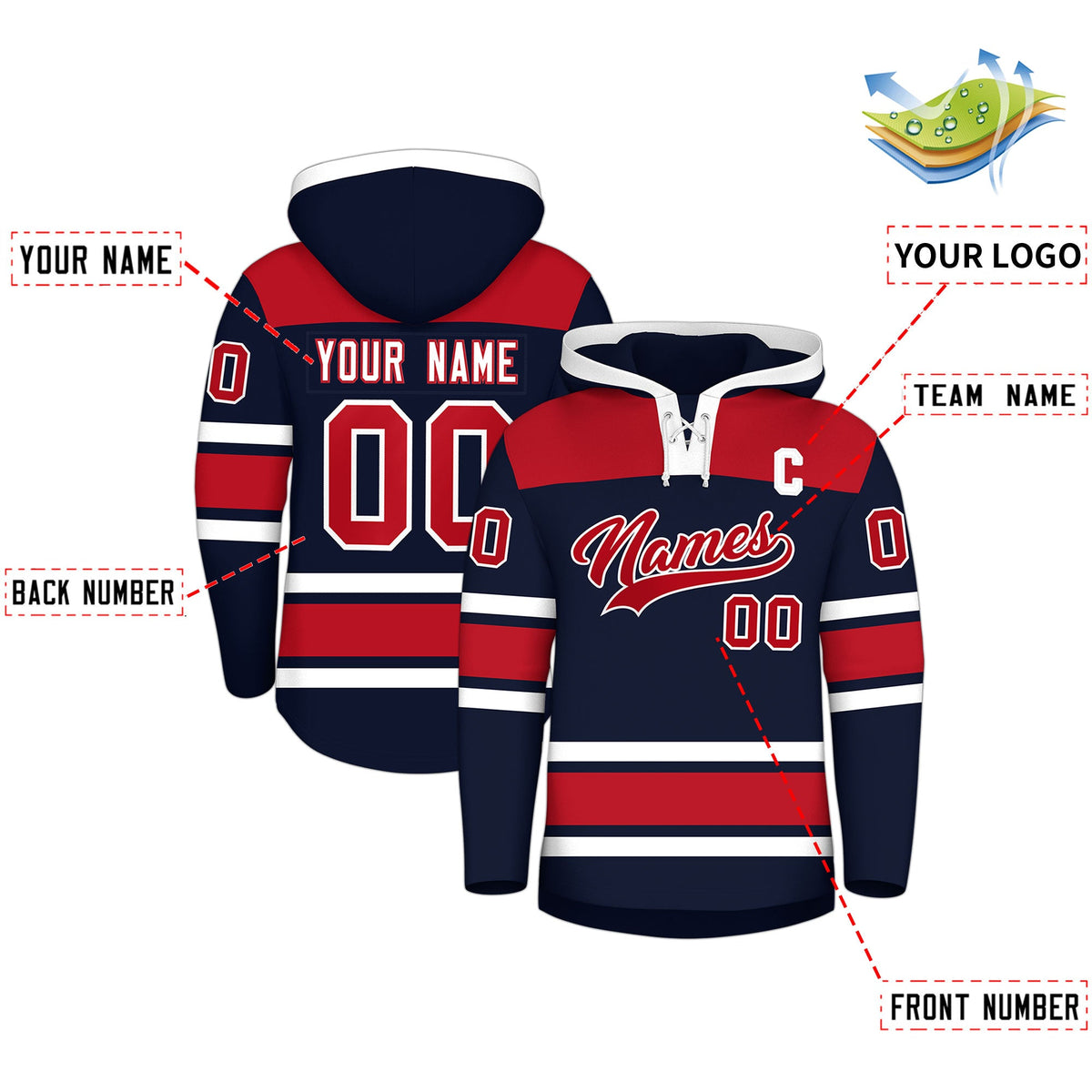 Custom Hockey Hoodie Jersey Navy Red Raglan Sleeves Lace-Up Neck Classic Team Colors Hoodie