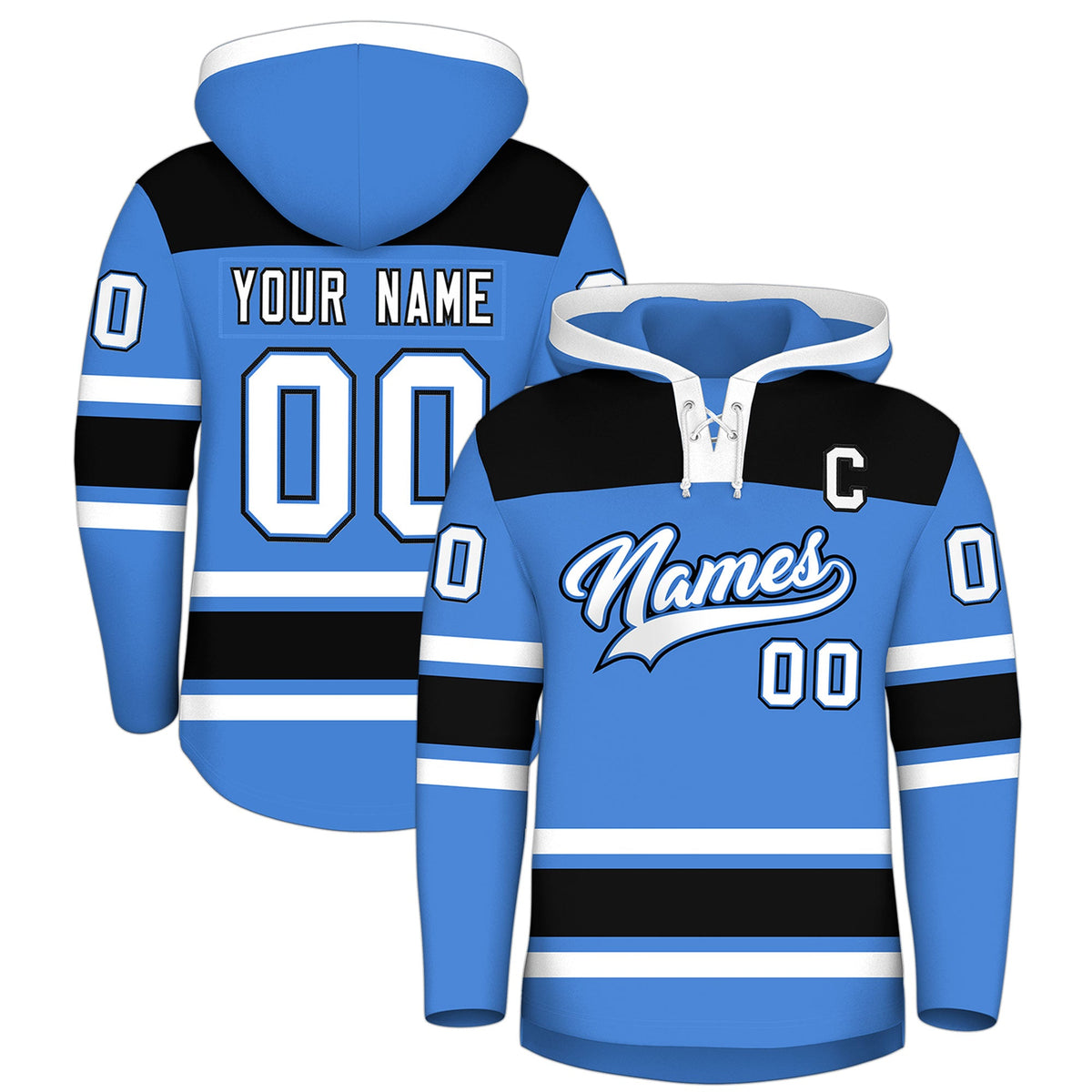 Custom Hockey Hoodie Jersey Powder Blue Black Raglan Sleeves Lace-Up Neck Classic Team Colors Hoodie
