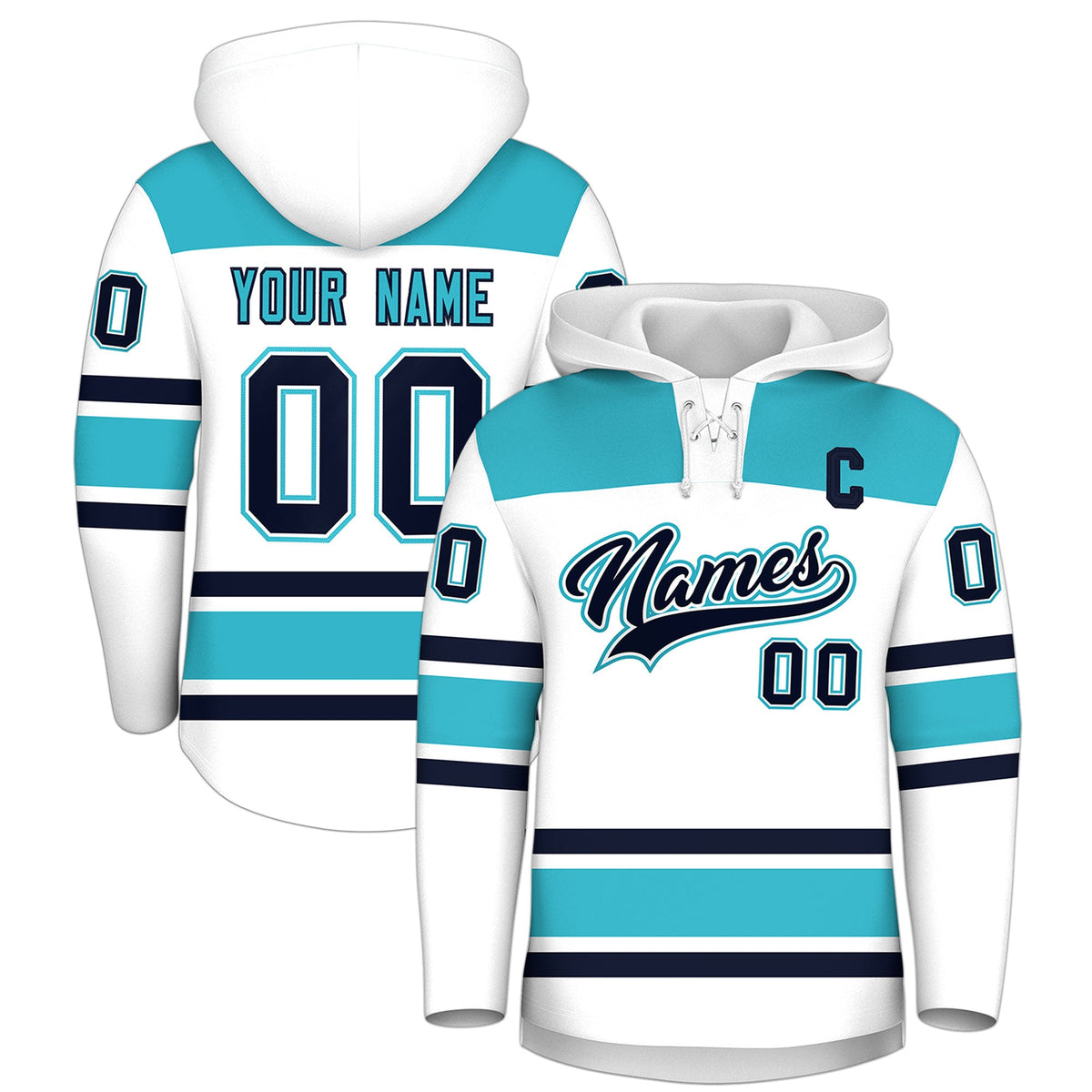 Custom Hockey Hoodie Jersey White Sky Blue Raglan Sleeves Lace-Up Neck Personalized Jersey for Men &amp; Youth