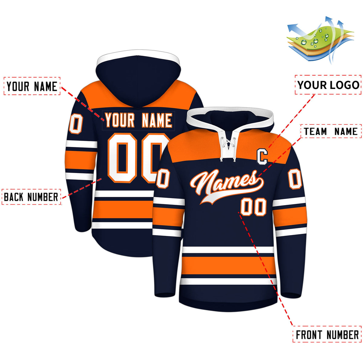 Custom Hockey Hoodie Jersey Navy Orange Raglan Sleeves Lace-Up Neck Personal Name &amp; Number &amp; Logo