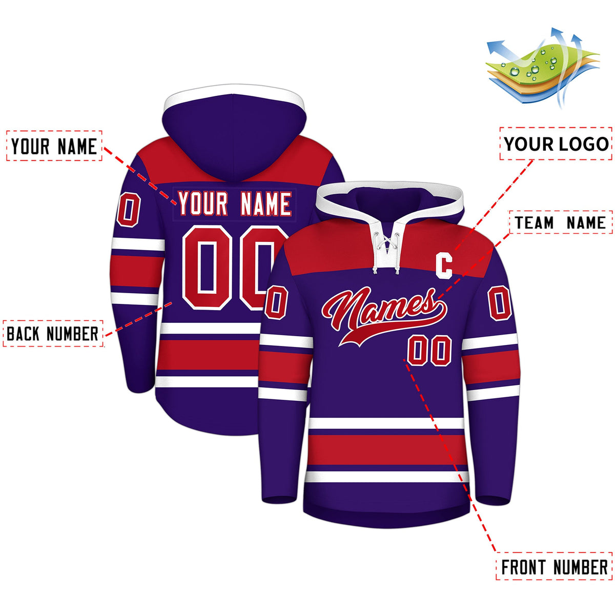 Custom Hockey Hoodie Jersey Purple Red Raglan Sleeves Lace-Up Neck Classic Team Colors Hoodie
