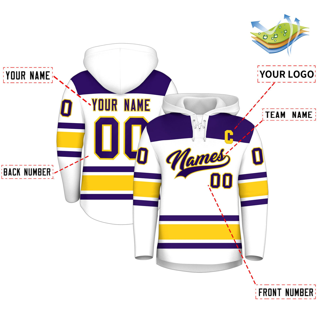 Custom Hockey Hoodie Jersey White Gold Raglan Sleeves Lace-Up Neck Personal Name &amp; Number &amp; Logo