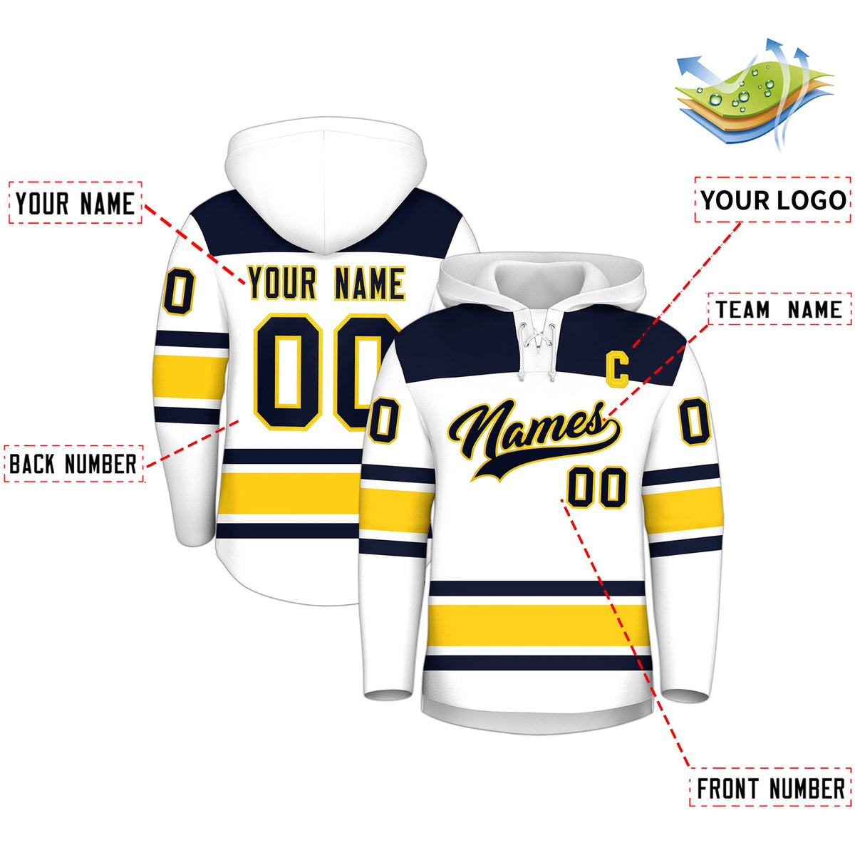 Custom Hockey Hoodie Jersey White Navy Raglan Sleeves Lace-Up Neck Classic Team Colors Hoodie