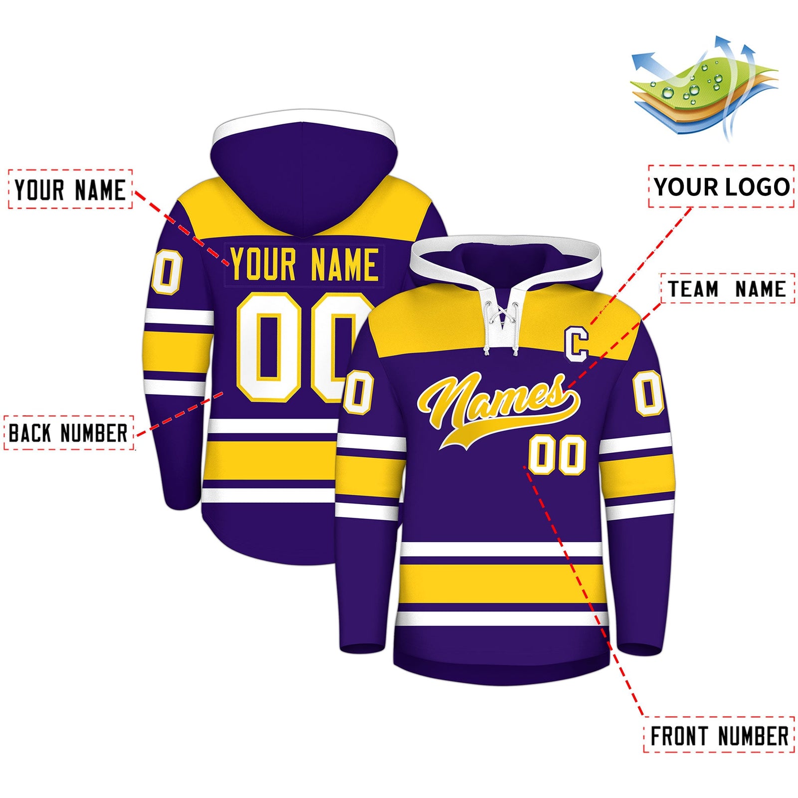 Custom Hockey Hoodie Jersey Purple Gold Raglan Sleeves Lace-Up Neck Personalized Jersey for Men & Youth