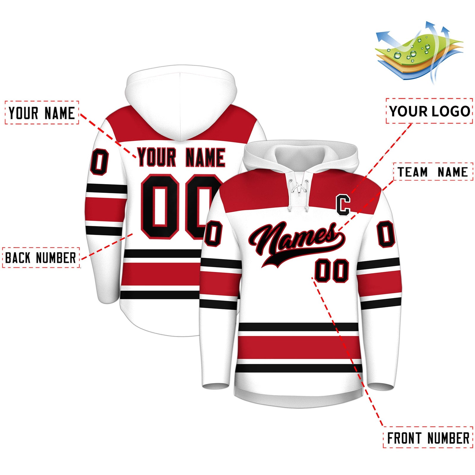 Custom Hockey Hoodie Jersey White Red Raglan Sleeves Lace-Up Neck Classic Team Colors Hoodie