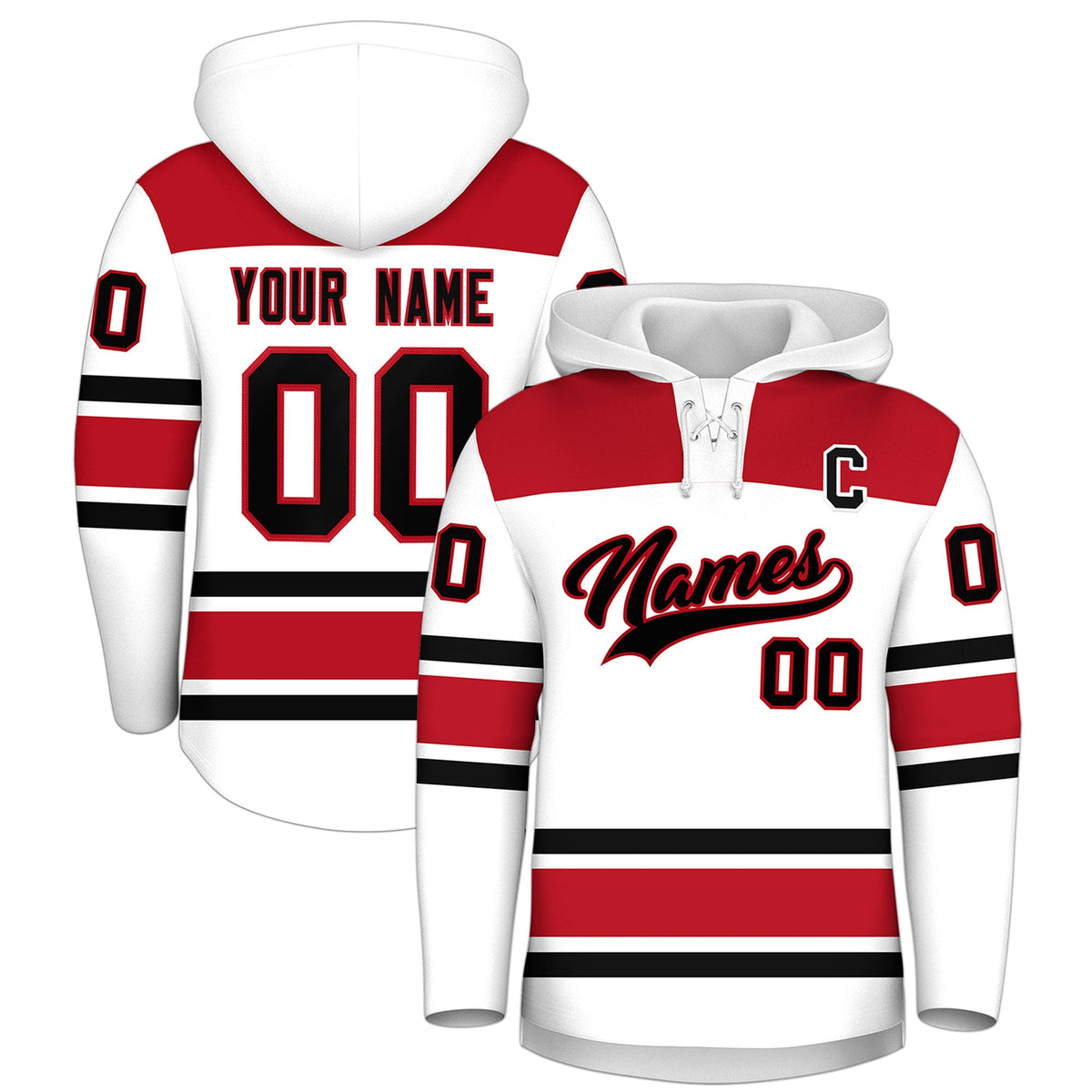 Custom Hockey Hoodie Jersey White Red Raglan Sleeves Lace-Up Neck Classic Team Colors Hoodie