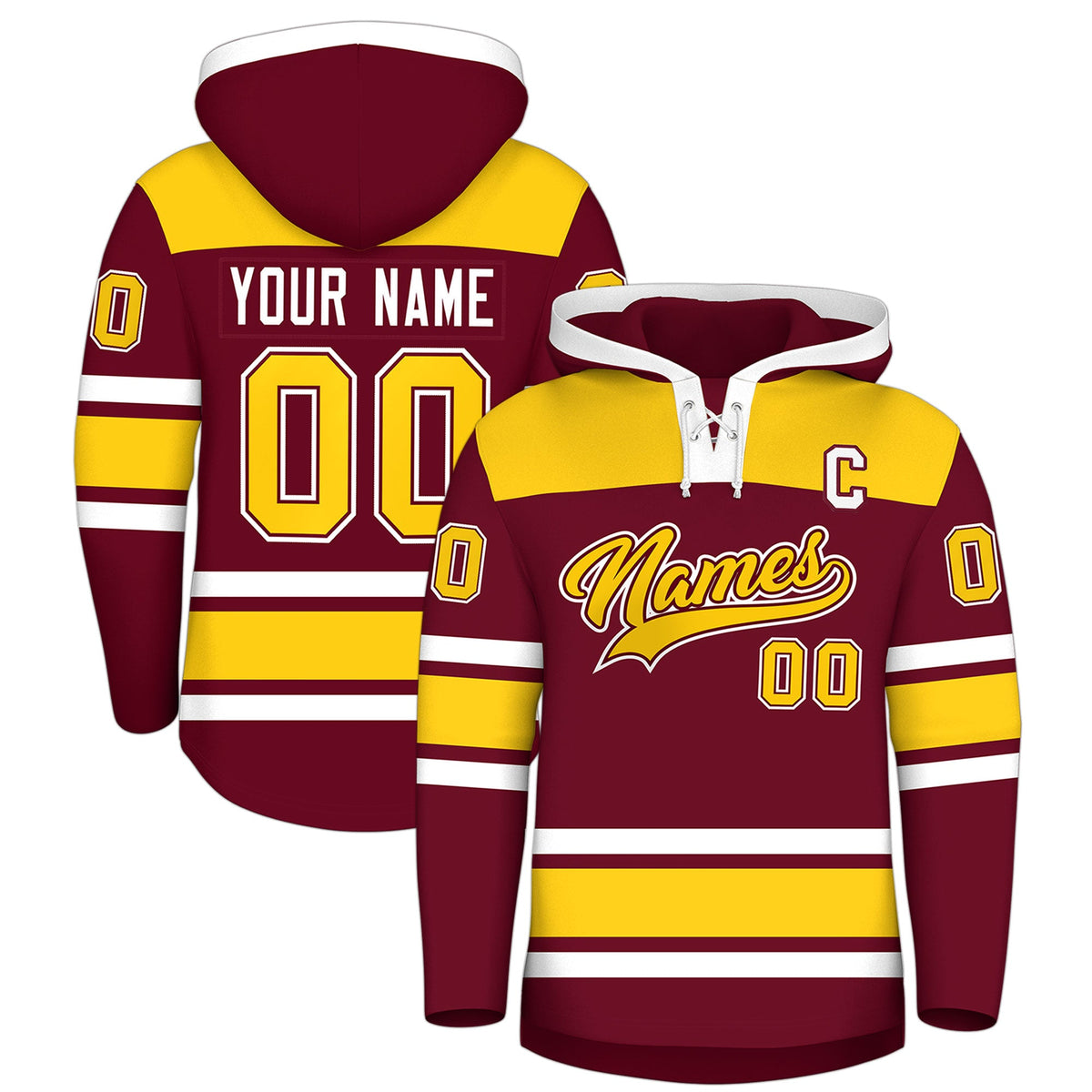 Custom Hockey Hoodie Jersey Crimson Gold Raglan Sleeves Lace-Up Neck Personalized Jersey for Men &amp; Youth