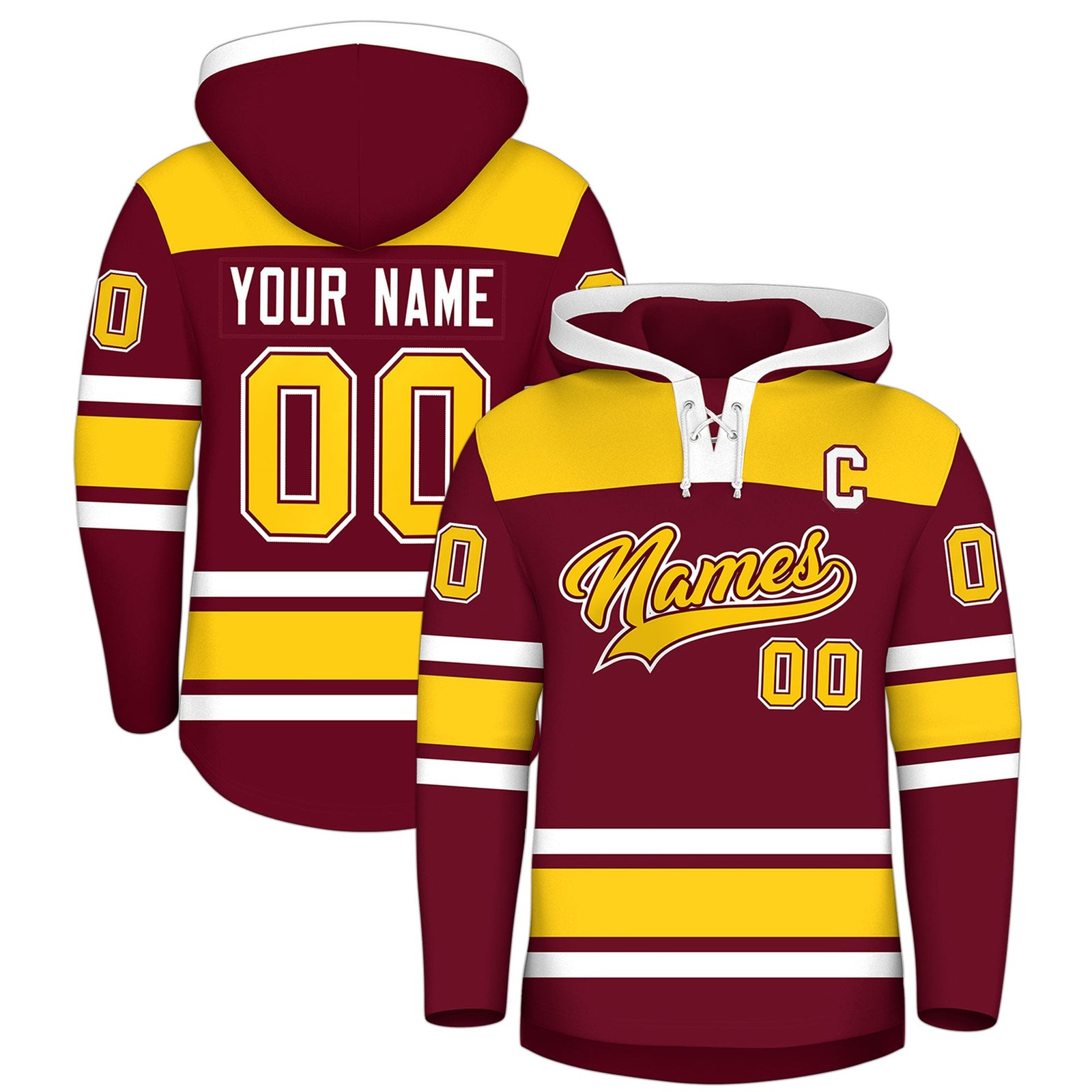Custom Hockey Hoodie Jersey Crimson Gold Raglan Sleeves Lace-Up Neck Personalized Jersey for Men & Youth