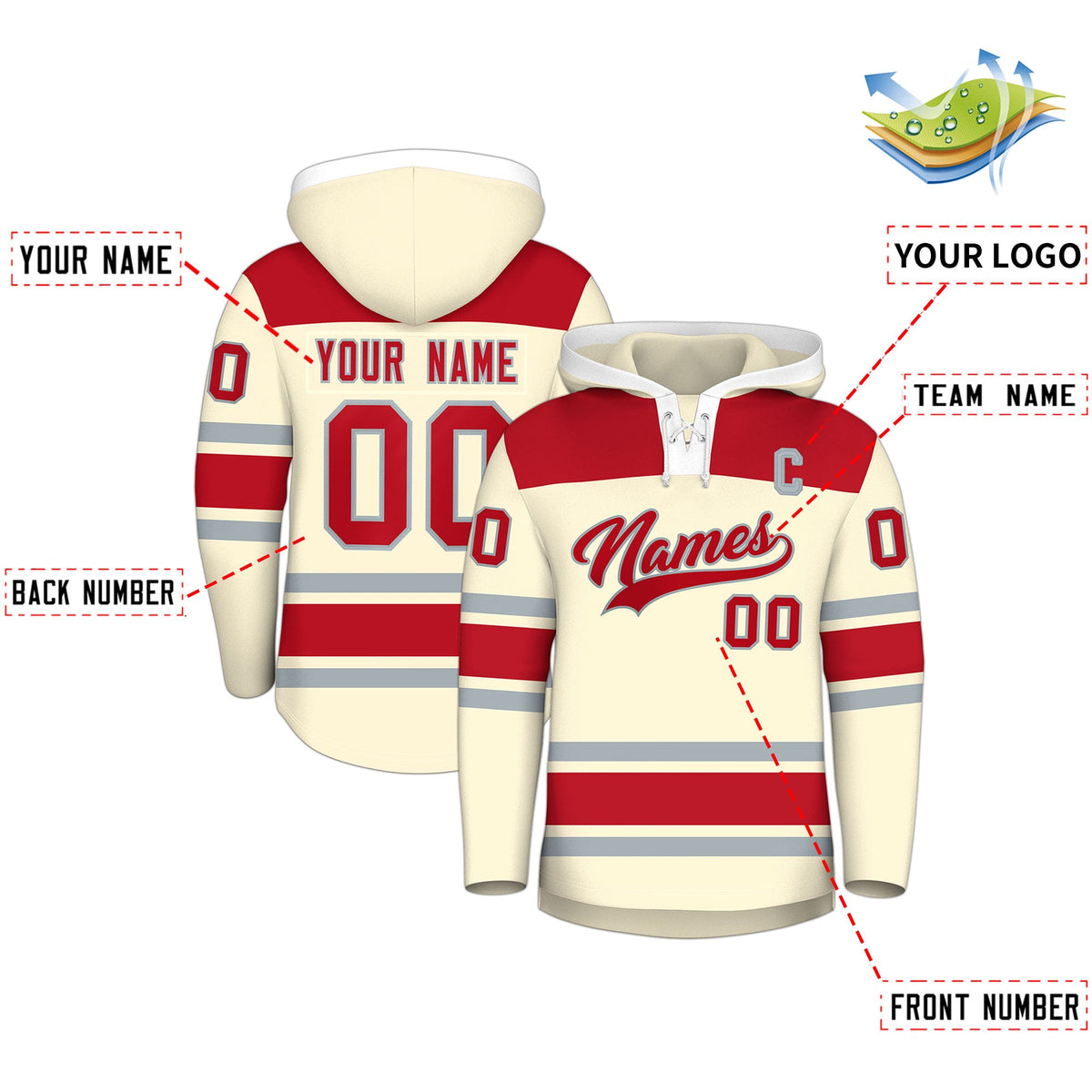Custom Hockey Hoodie Jersey Cream Red Raglan Sleeves Lace-Up Neck Personal Name &amp; Number &amp; Logo