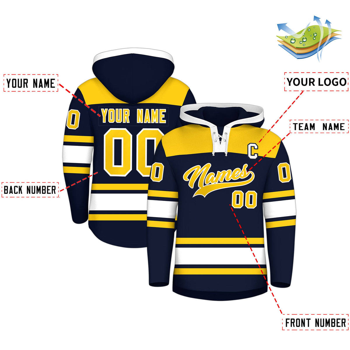 Custom Hockey Hoodie Jersey Navy Gold Raglan Sleeves Lace-Up Neck Personal Name &amp; Number &amp; Logo