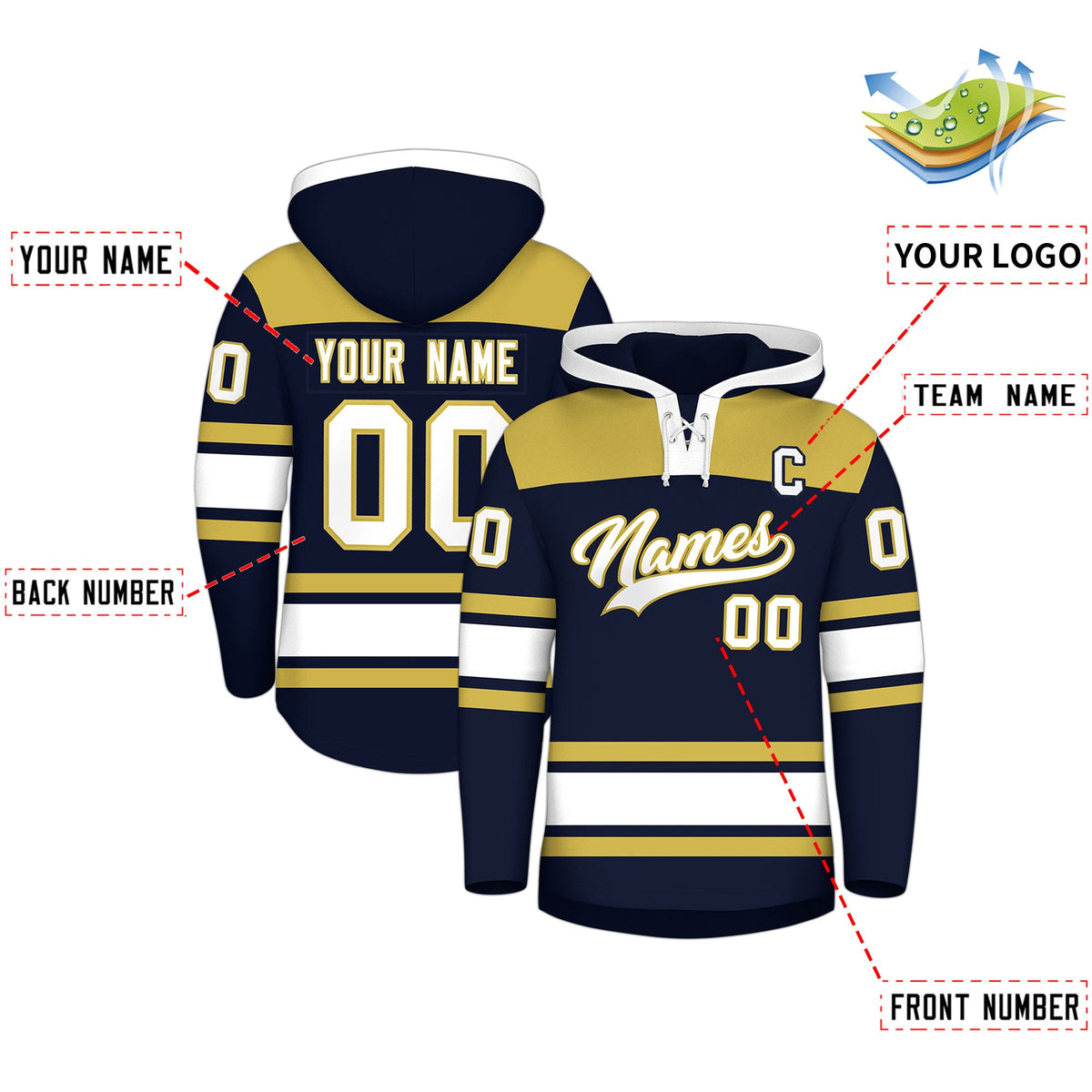 Custom Hockey Hoodie Jersey Navy Old Gold Raglan Sleeves Lace-Up Neck Personalized Jersey for Men &amp; Youth