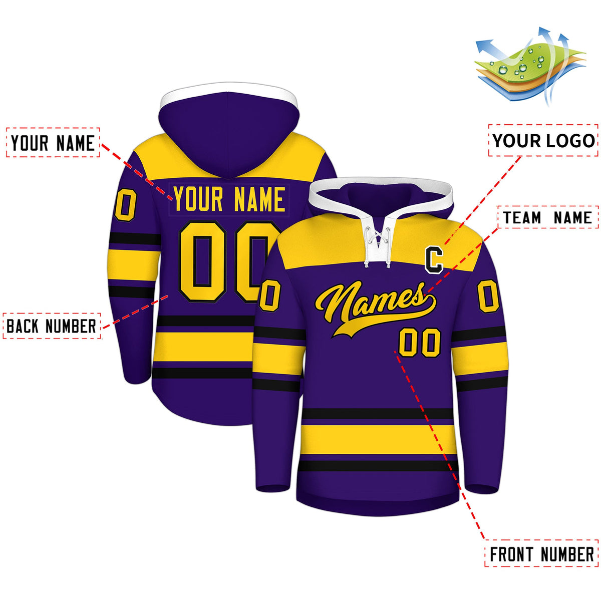 Custom Hockey Hoodie Jersey Purple Gold Raglan Sleeves Lace-Up Neck Personal Name &amp; Number &amp; Logo