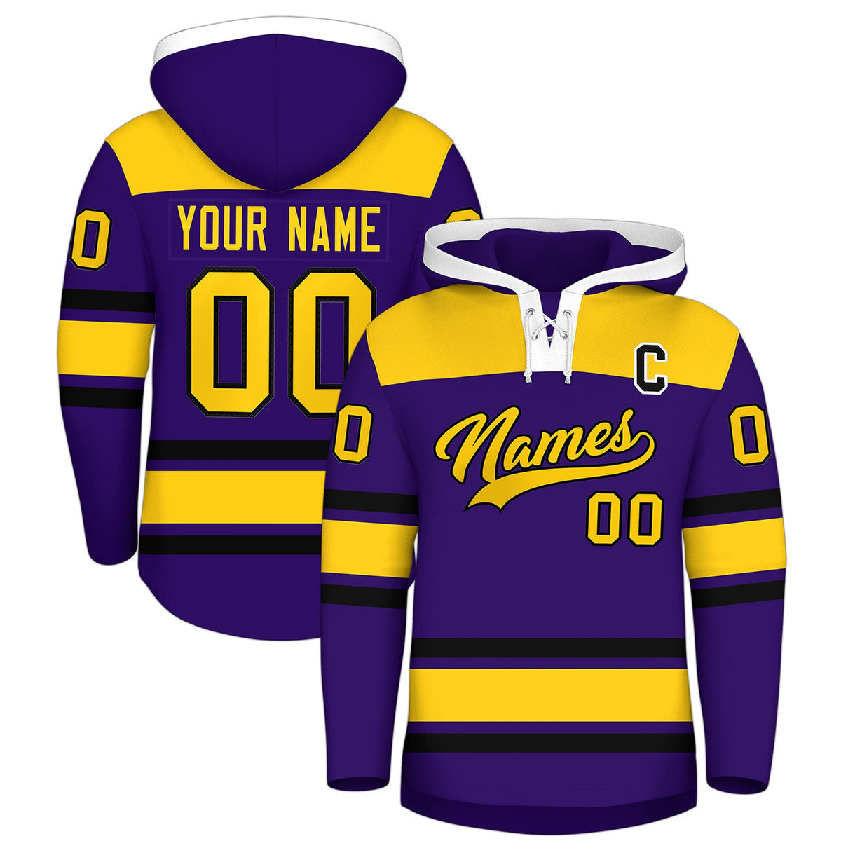 Custom Hockey Hoodie Jersey Purple Gold Raglan Sleeves Lace-Up Neck Personal Name &amp; Number &amp; Logo
