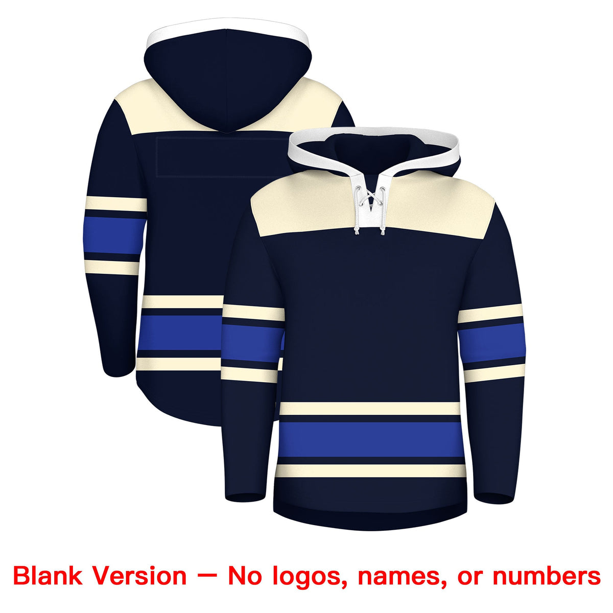 Custom Hockey Hoodie Jersey Navy Cream Raglan Sleeves Lace-Up Neck Personal Name &amp; Number &amp; Logo