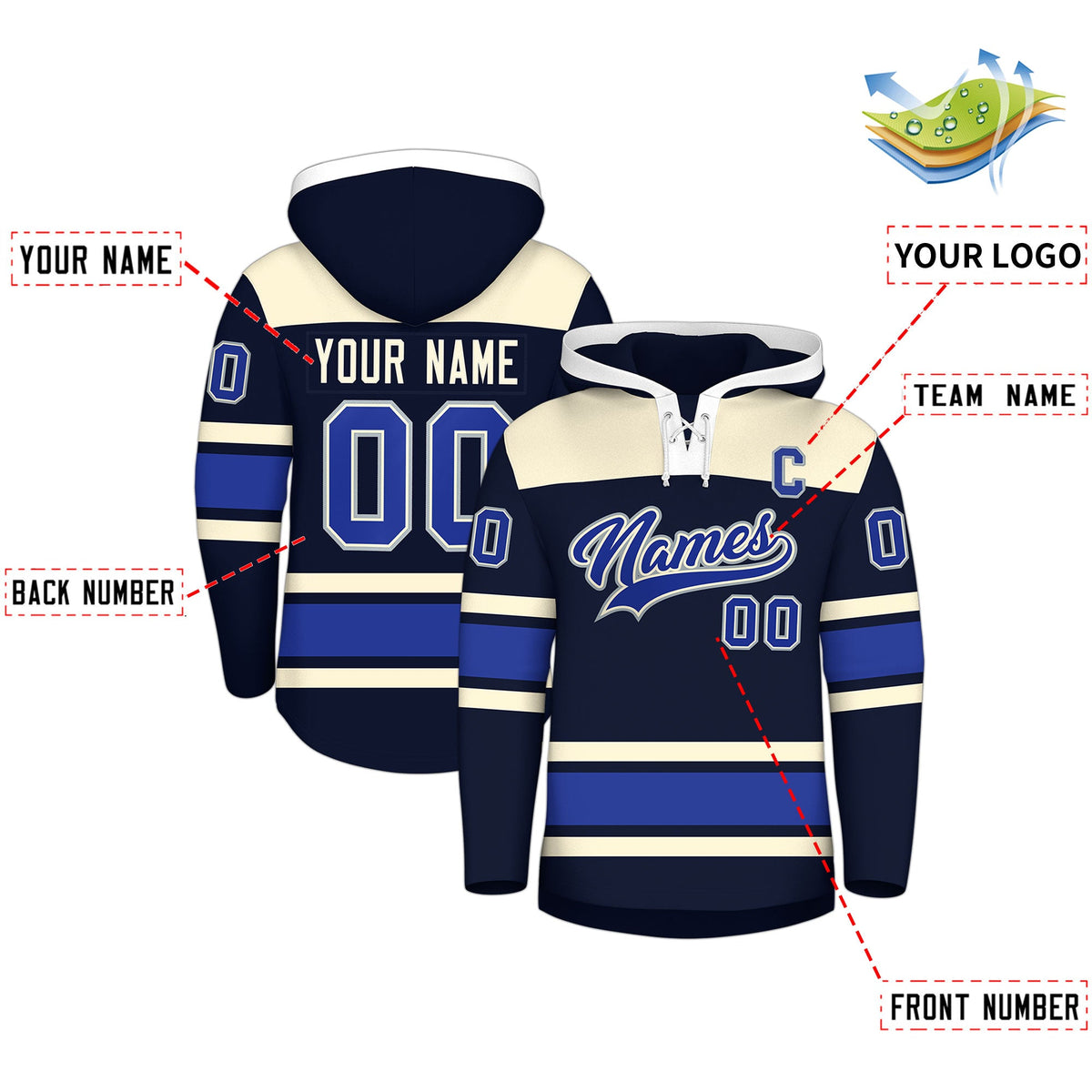 Custom Hockey Hoodie Jersey Navy Cream Raglan Sleeves Lace-Up Neck Personal Name &amp; Number &amp; Logo