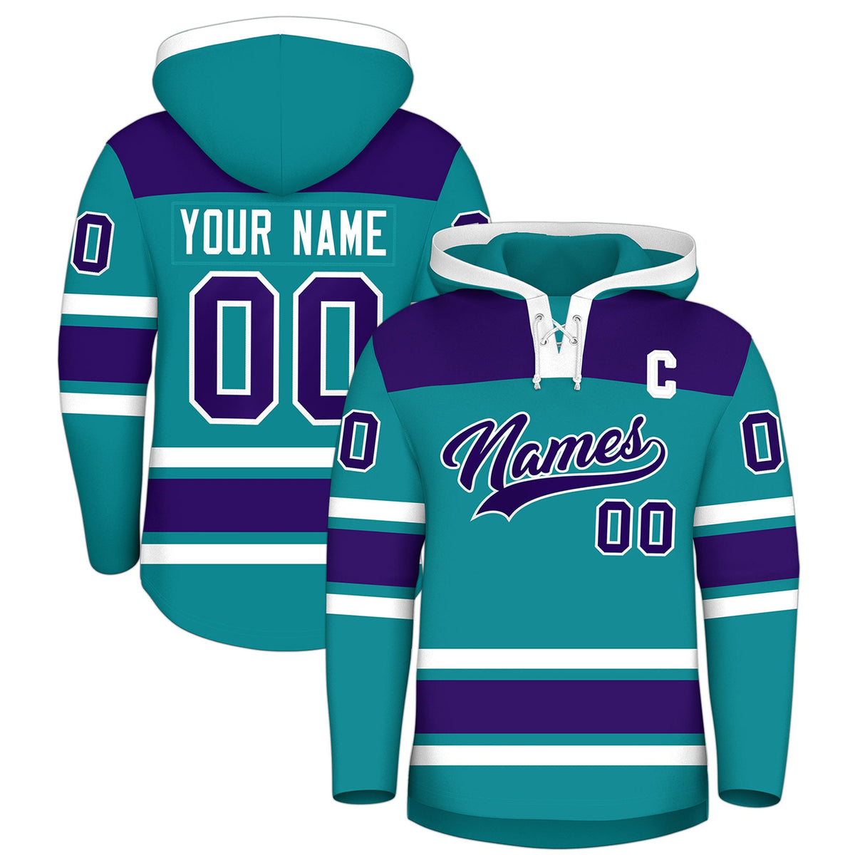 Custom Hockey Hoodie Jersey Teal Purple Raglan Sleeves Lace-Up Neck Classic Team Colors Hoodie