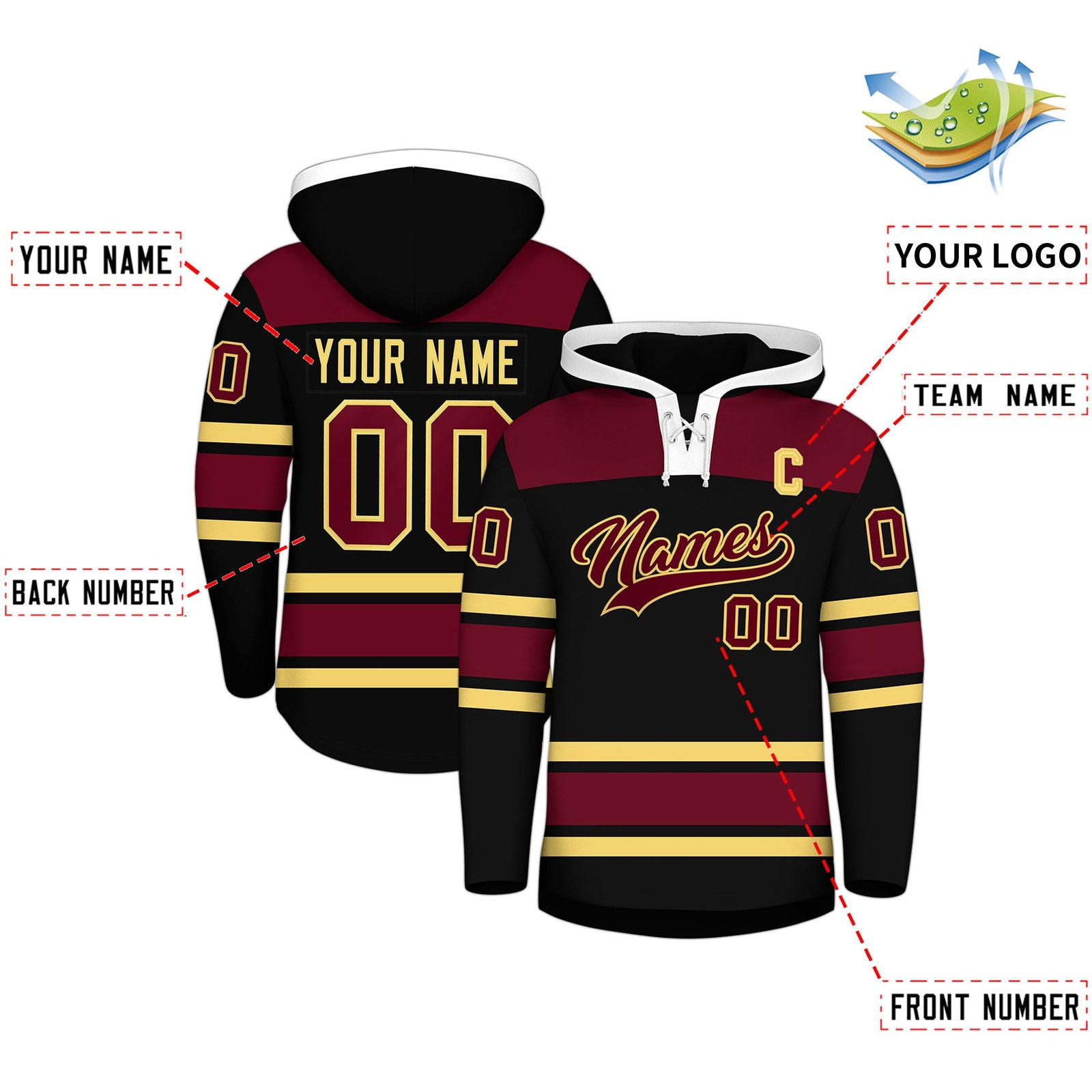 Custom Hockey Hoodie Jersey Black Crimson Raglan Sleeves Lace-Up Neck Personalized Jersey for Men & Youth