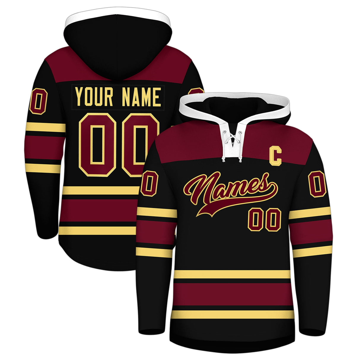 Custom Hockey Hoodie Jersey Black Crimson Raglan Sleeves Lace-Up Neck Personalized Jersey for Men &amp; Youth