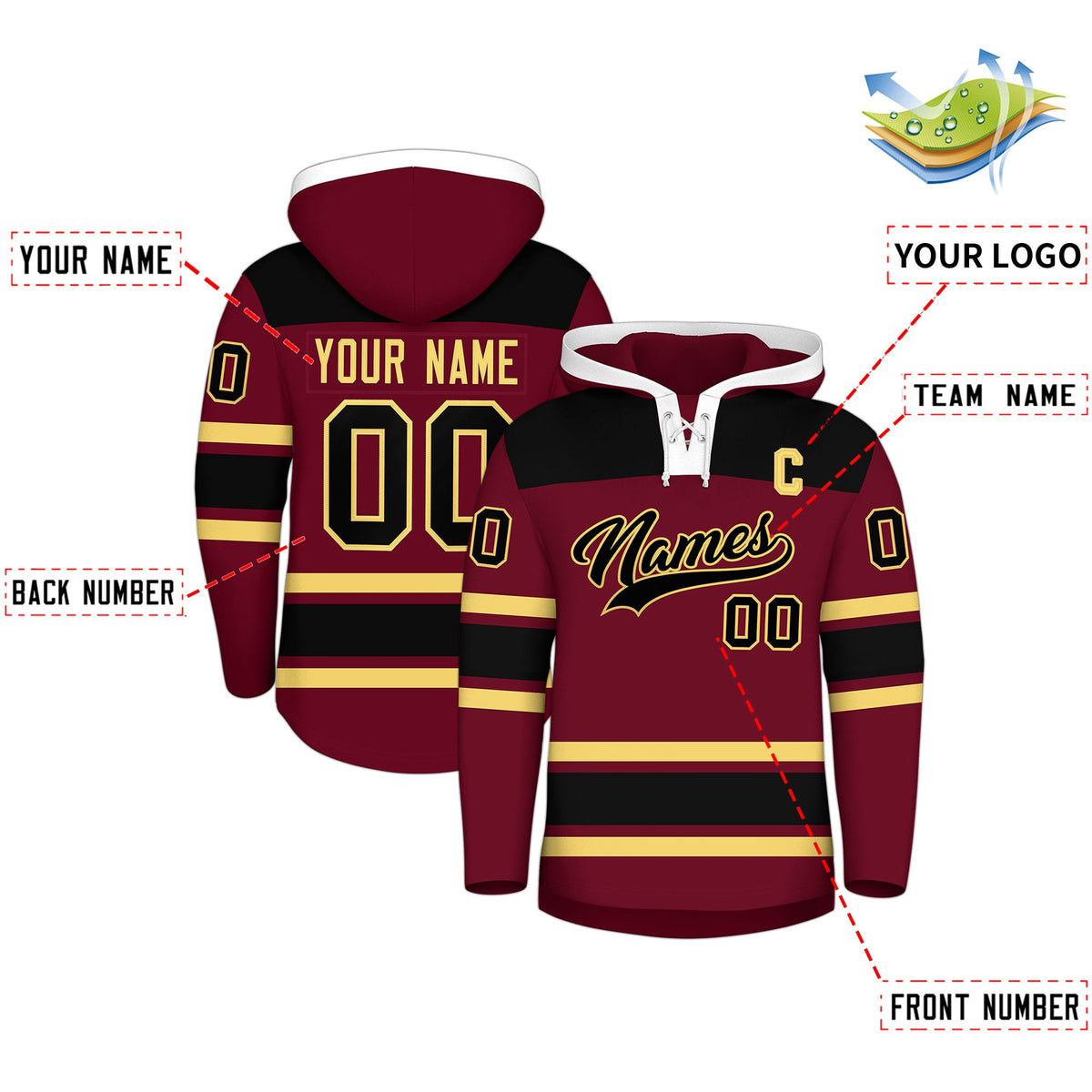 Custom Hockey Hoodie Jersey Crimson Black Raglan Sleeves Lace-Up Neck Personal Name &amp; Number &amp; Logo