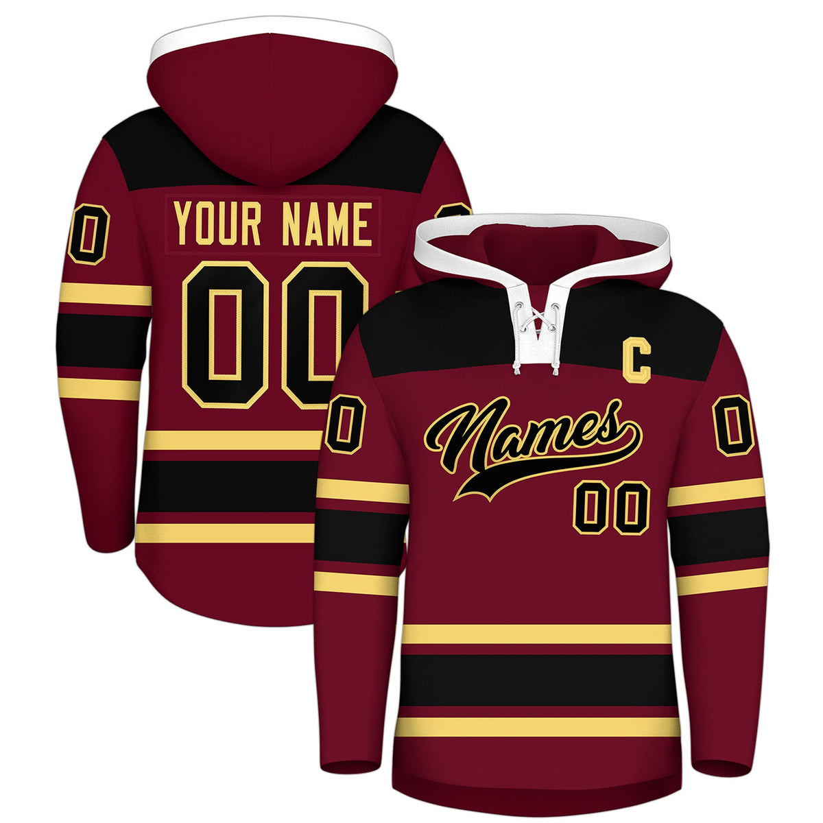 Custom Hockey Hoodie Jersey Crimson Black Raglan Sleeves Lace-Up Neck Personal Name &amp; Number &amp; Logo