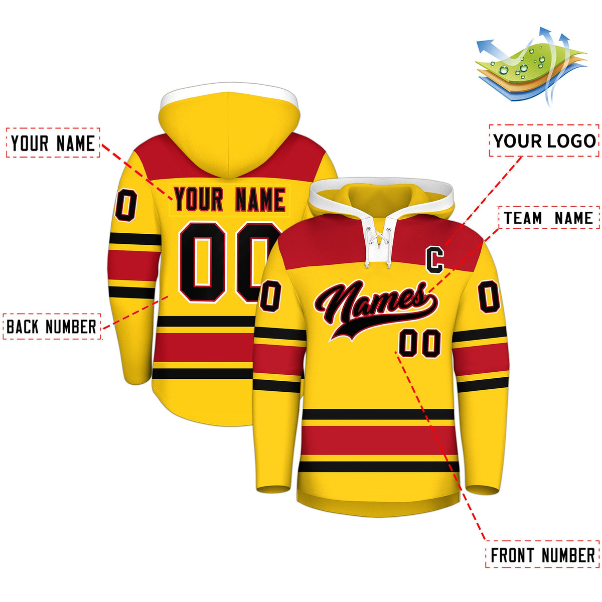 Custom Hockey Hoodie Jersey Gold Red Raglan Sleeves Lace-Up Neck Personal Name &amp; Number &amp; Logo