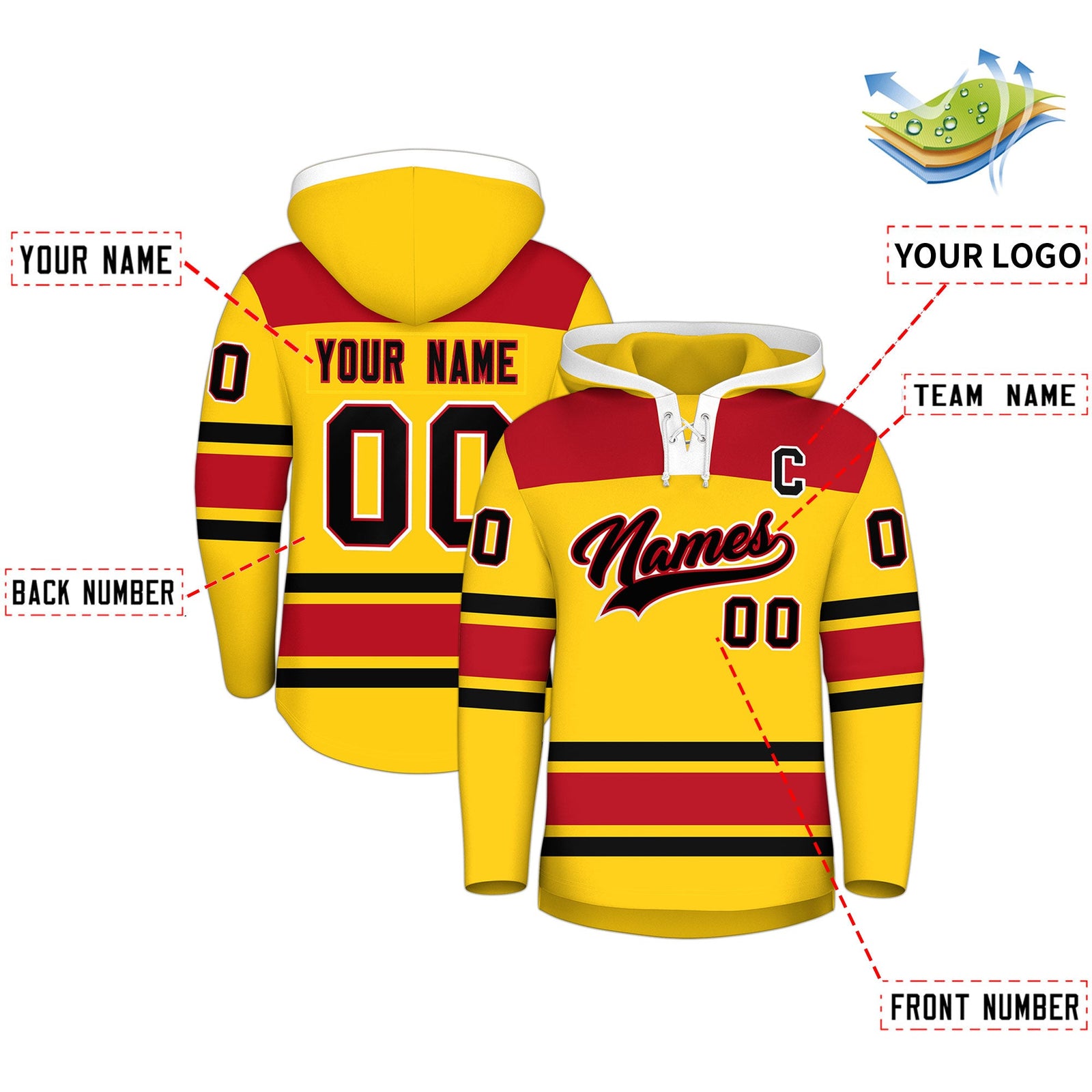 Custom Hockey Hoodie Jersey Gold Red Raglan Sleeves Lace-Up Neck Personal Name & Number & Logo