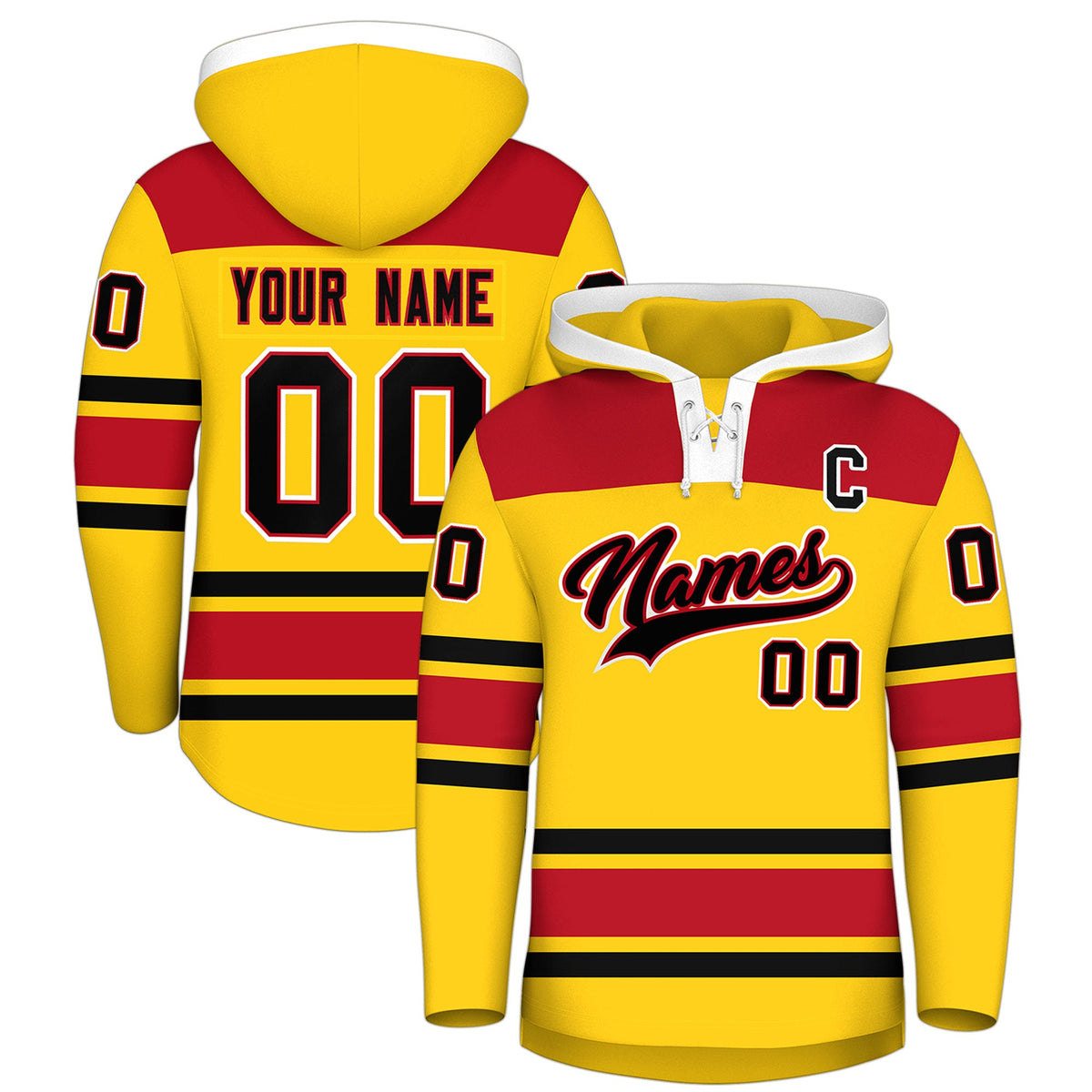 Custom Hockey Hoodie Jersey Gold Red Raglan Sleeves Lace-Up Neck Personal Name &amp; Number &amp; Logo