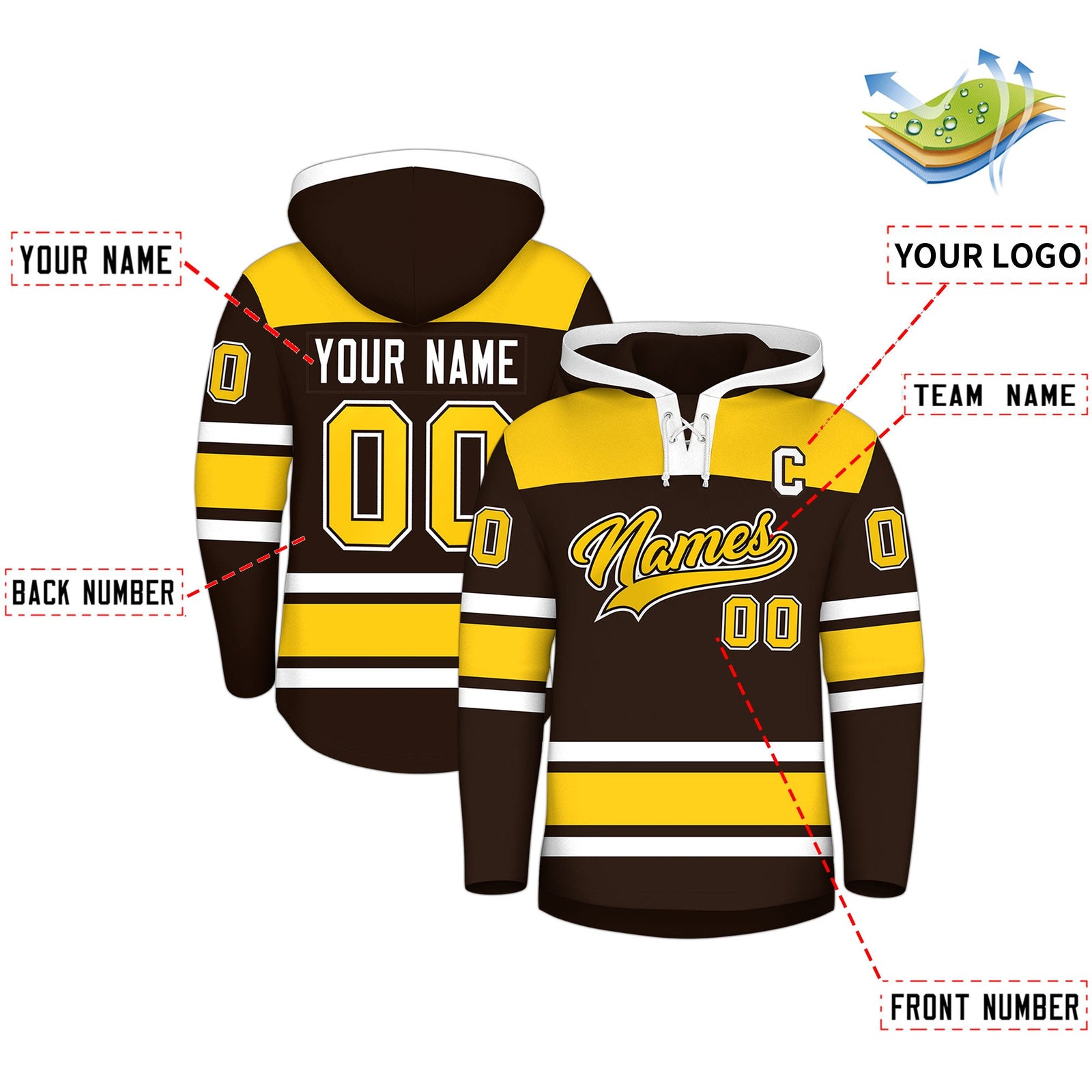Custom Hockey Hoodie Jersey Brown Gold Raglan Sleeves Lace-Up Neck Personalized Jersey for Men & Youth