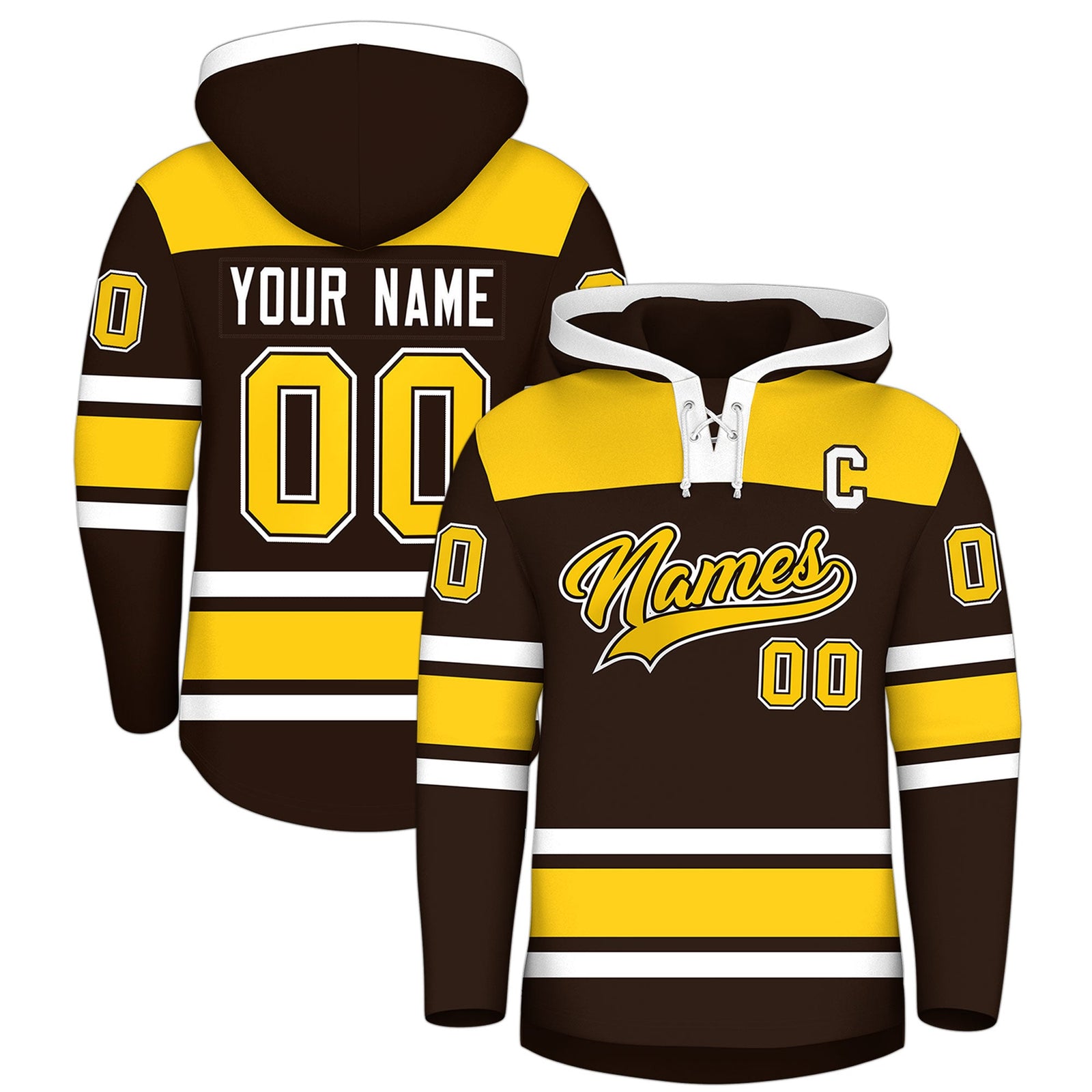 Custom Hockey Hoodie Jersey Brown Gold Raglan Sleeves Lace-Up Neck Personalized Jersey for Men & Youth