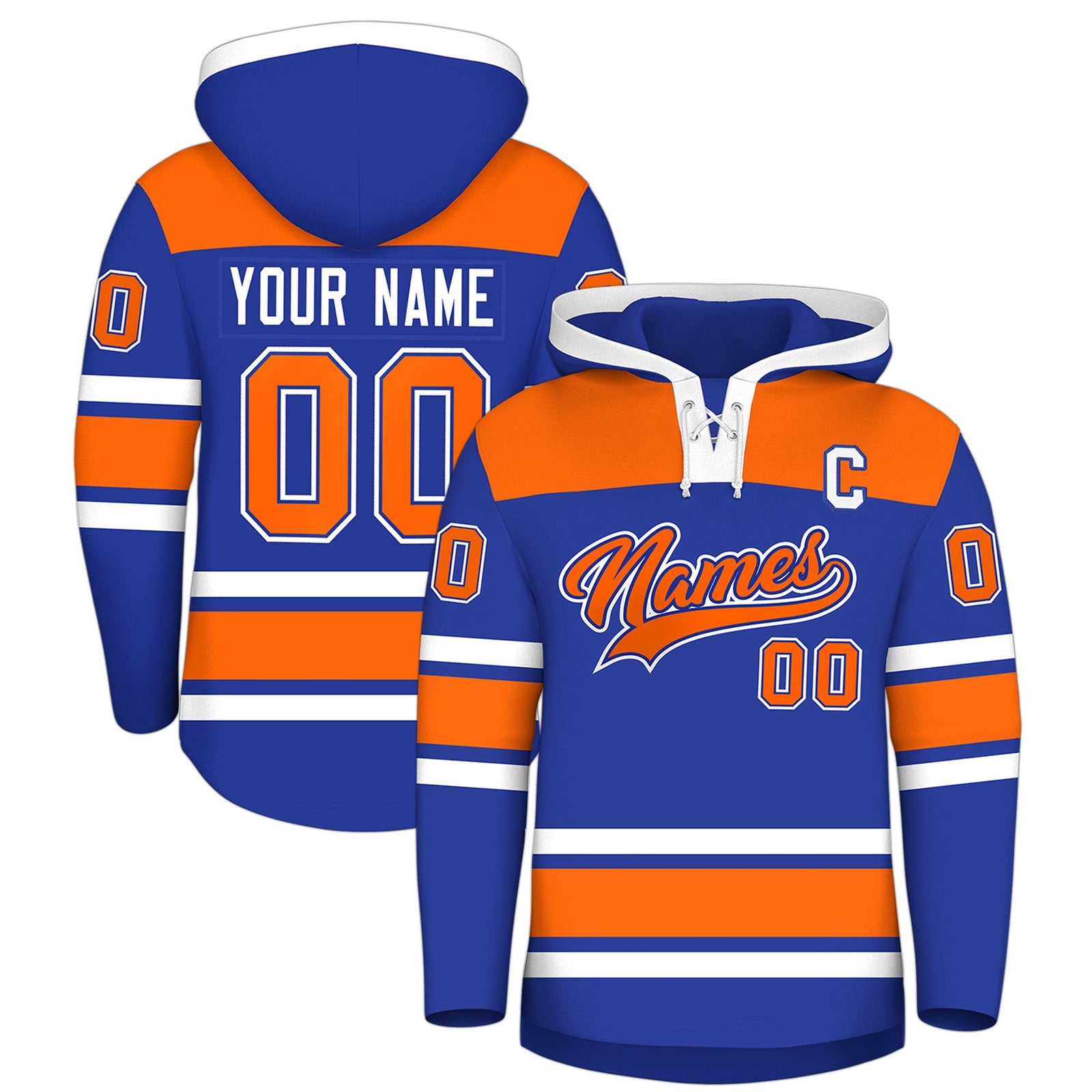 Custom Hockey Hoodie Jersey Royal Blue Orange Raglan Sleeves Lace-Up Neck Personal Name & Number & Logo