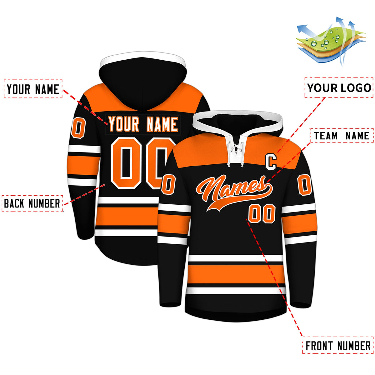 Custom Hockey Hoodie Jersey Black Orange Raglan Sleeves Lace-Up Neck Personalized Jersey for Men &amp; Youth