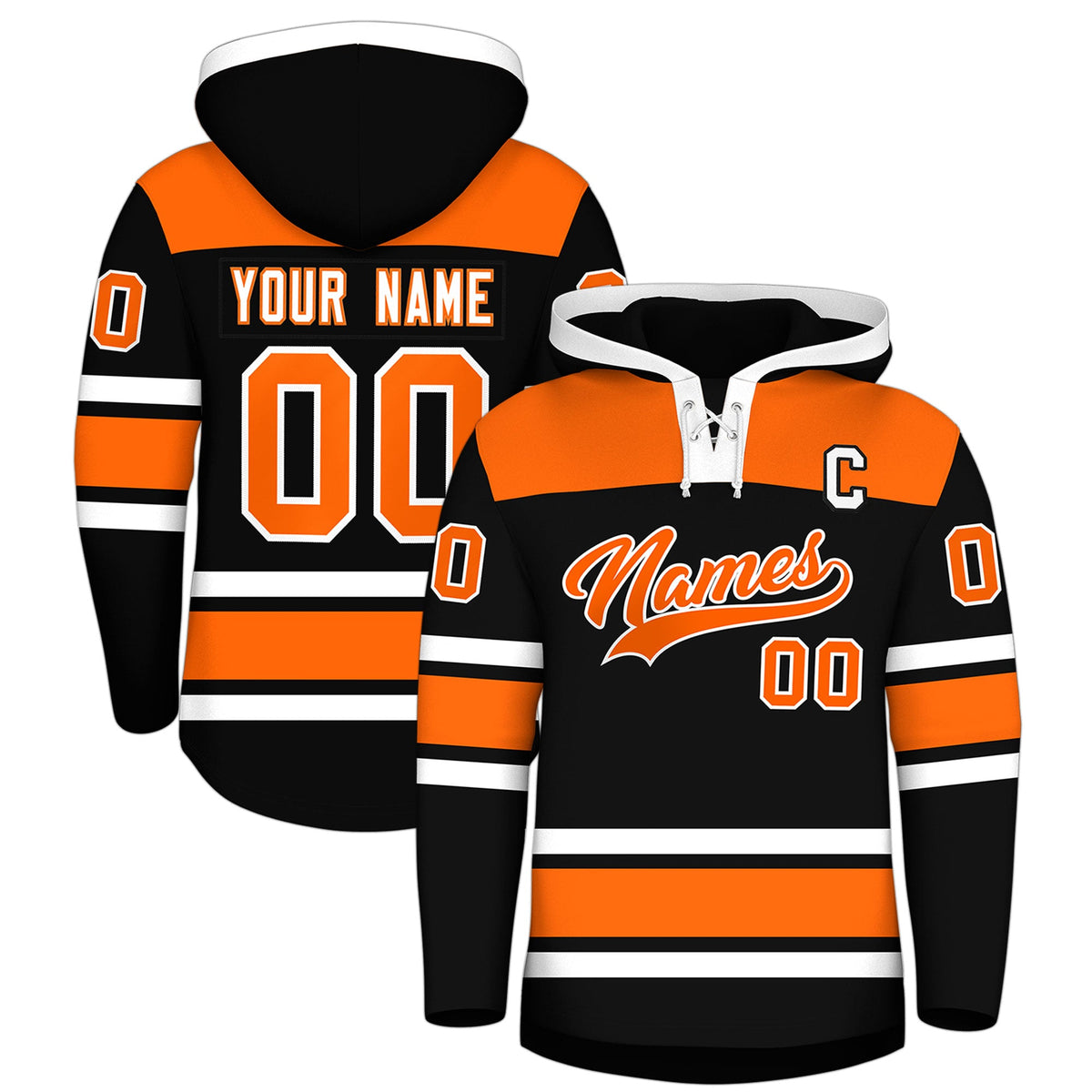 Custom Hockey Hoodie Jersey Black Orange Raglan Sleeves Lace-Up Neck Personalized Jersey for Men &amp; Youth